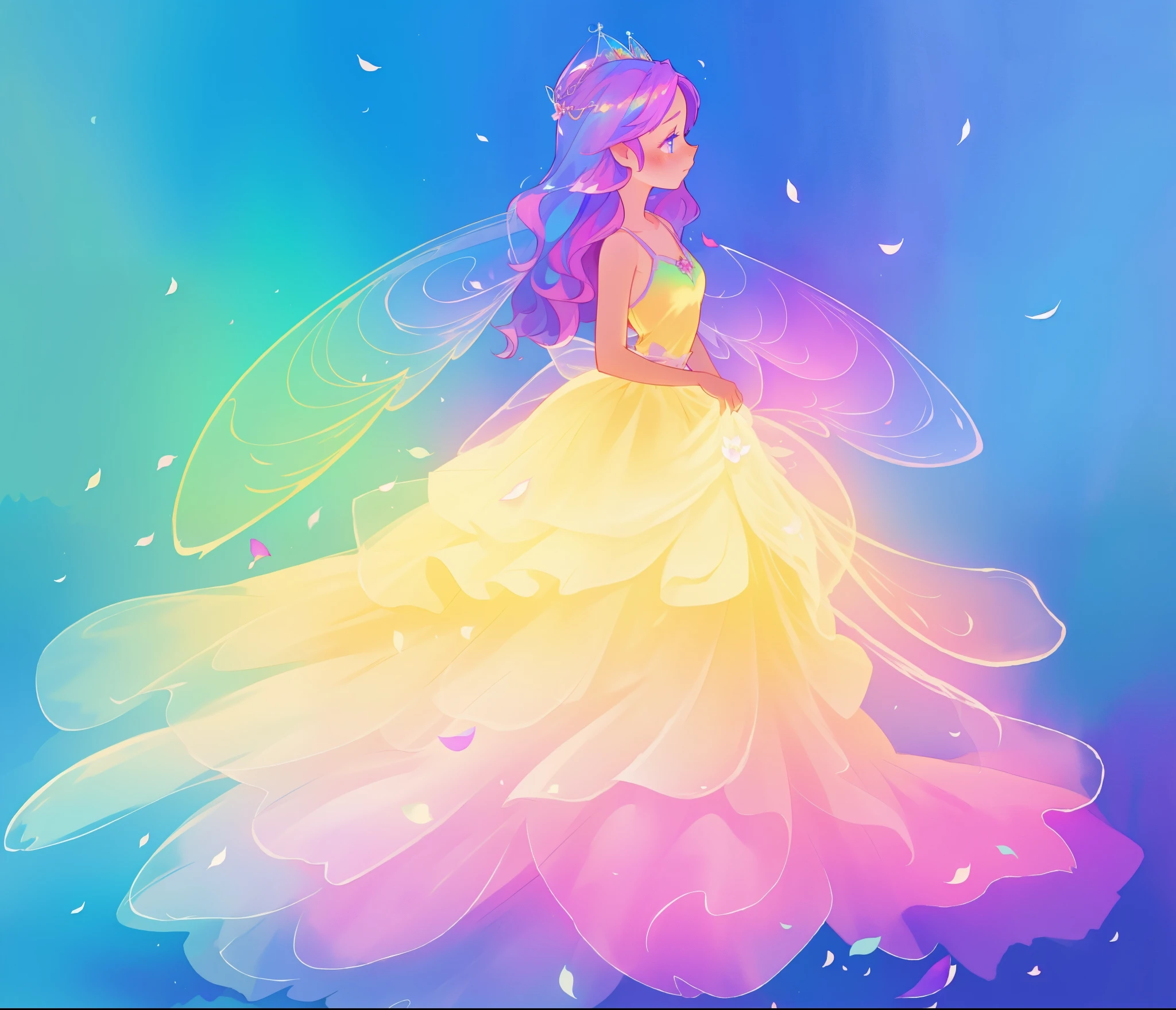 beautiful girl in tiered gradient ballgown dress, gradient colorful dress, ((layered flower petal skirt)), fairy dress, fairy queen, magical fantasia background, (glowing fairy wings), glowing flowing ballgown, long wavy hair, sparkling fairy wings, watercolor illustration, inspired by Glen Keane, inspired by Lois van Baarle, disney art style, jen bartel, beautiful digital illustration, beautiful, masterpiece, best quality, anime disney style