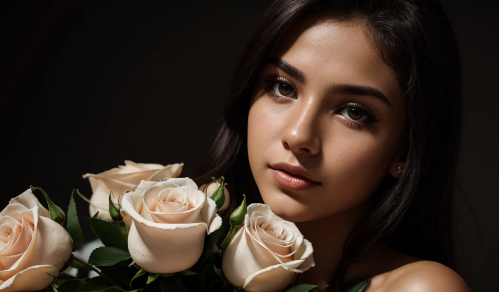 RAW photo, [[[[Closeup]]]], [[[One]]], 18 year old Brazilian, beautiful dress, white skin, light makeup, lip gloss, realistic skin texture, sharp focus, realistic cinematic photo, black background with low light, bouquet of roses, without any jewelry.
