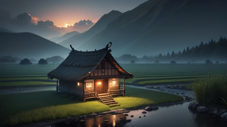8k、high quality、Mountain、Paddy field、small house with thatched roof、it's raining、night