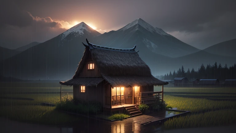 8k、high quality、Mountain、Paddy field、small house with thatched roof、it's raining、night