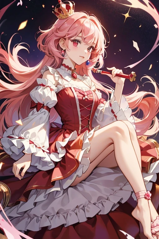 Princess Cookie has golden SKIN and pink hair with two mirrored sets of three ringlets, each with candy-striped ribbons shaped similarly to hearts. She has twinkling scarlet red eyes and wears a glittery layered pink dress with a frilly, white petticoat, pouf sleeves, and a ruffled collar with a ruby red brooch. She carries a bejeweled scepter that flaunts a crown on the tip and sports frilly gloves with rectangular cutouts on their backs. She wears no shoes.