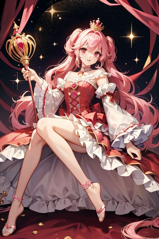 Princess Cookie has golden dough and pink hair with two mirrored sets of three ringlets, each with candy-striped ribbons shaped similarly to hearts. She has twinkling scarlet red eyes and wears a glittery layered pink dress with a frilly, white petticoat, pouf sleeves, and a ruffled collar with a ruby red brooch. She carries a bejeweled scepter that flaunts a crown on the tip and sports frilly gloves with rectangular cutouts on their backs. She wears no shoes. GLITTER