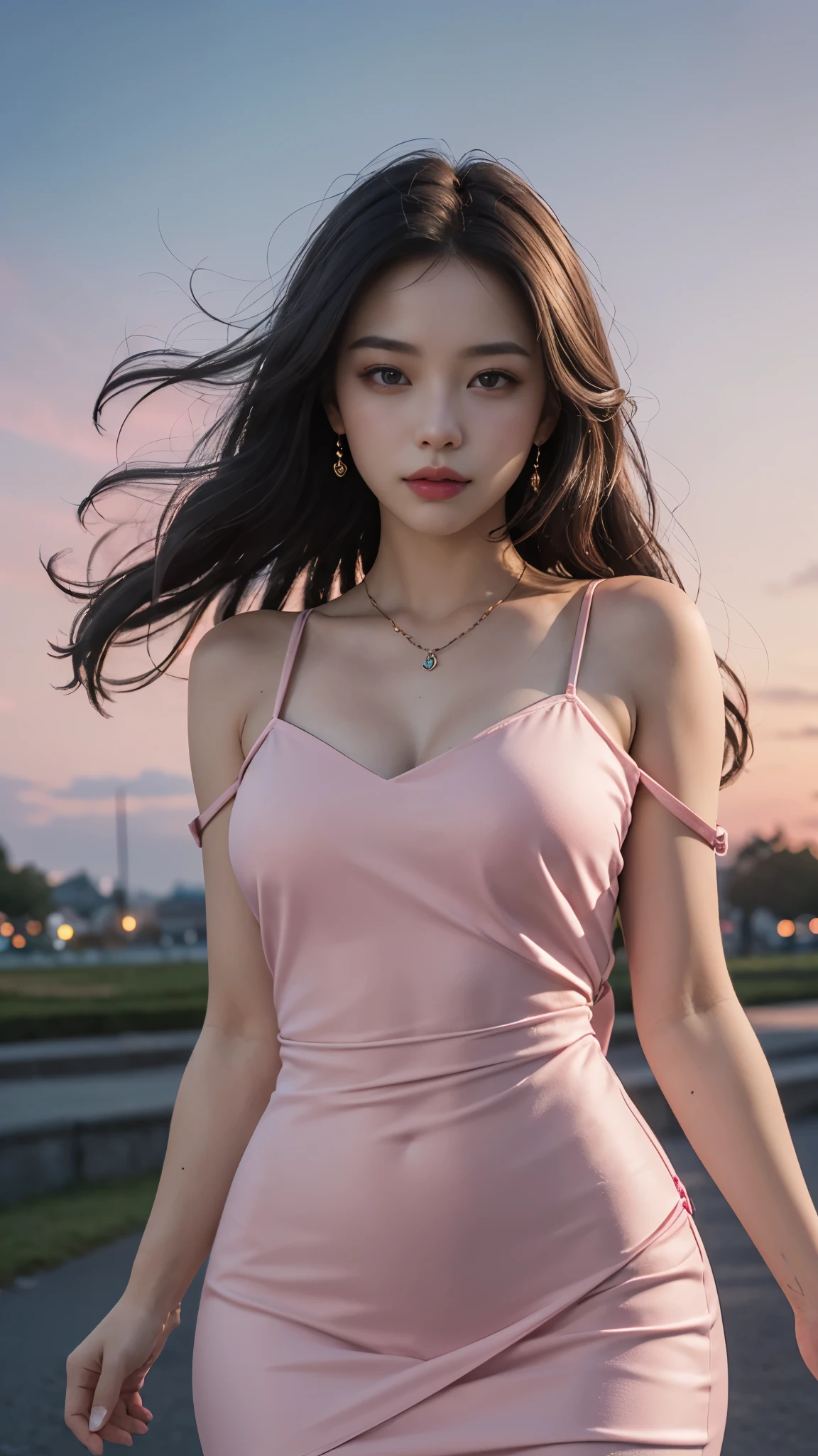 8k, masterpiece, 1 girl, beautiful face, very long hair, light makeup, detailed eyes, detailed lips, ((medium Curved figure)), (simple dress:1.4), (pink dress:1.4), (wearing jewellery), (strap:1.4), (bare shoulder:1), in the park, sunset, evening, blowing wind, hair spreading,