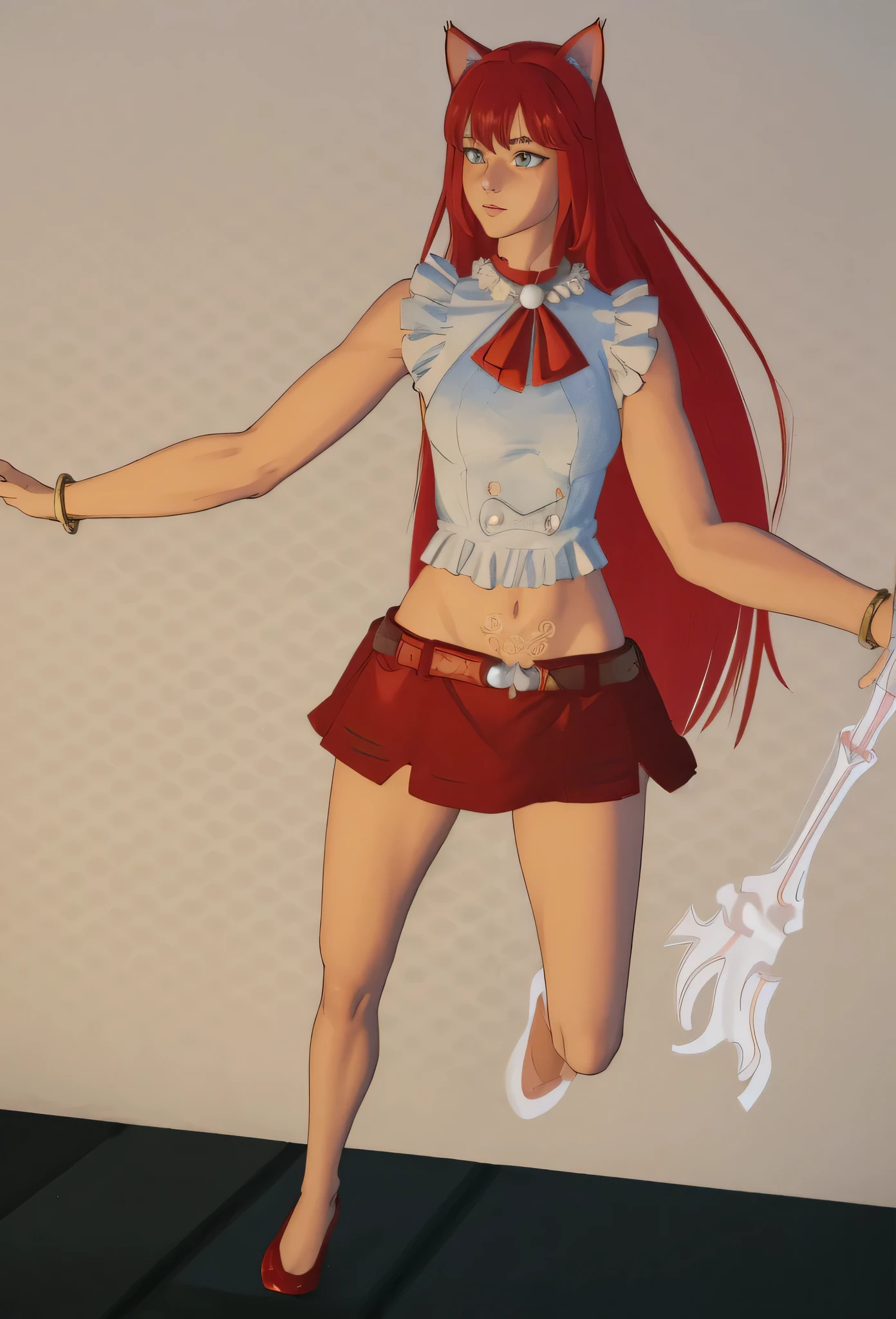 anime girl with red hair and a cat ears holding a sword, fantasy outfit, lunar themed attire, jellyfish shrine maiden 8k, spellcasting pose, leeloo outfit, holding a pudica pose, astral witch clothes, pudica pose, erza scarlet as a real person, anime styled 3d, red haired goddess, (masterpiece), patent leather shoes, pink butterfly bellow button, pearl necklace, long eyelashes, gold bracelet