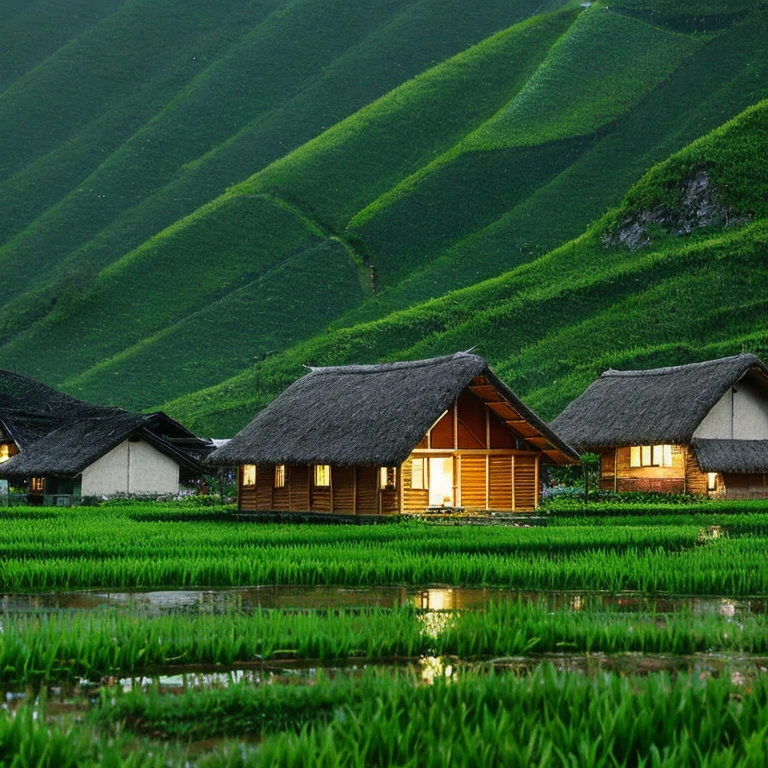 8k、high quality、Mountain、Paddy field、small house with thatched roof、it&#39;s raining、night