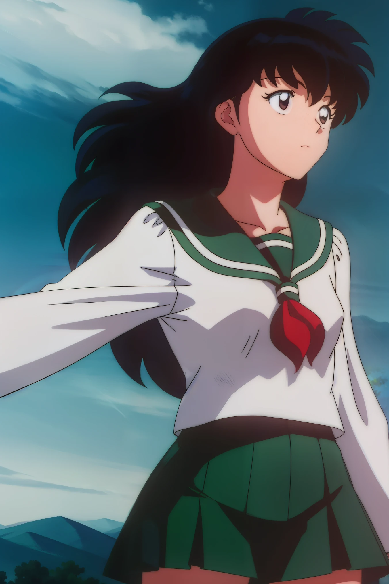 1girl, solo, outdoors, long hair, brown eyes, school uniform,(Masterpiece: 1.6, Best Quality), (Fine Beautiful Eyes: 1.2), (best quality, masterpiece, higher), green school uniform, soft thighs , long sleeves, white socks, scenery , Best Quality, ((anime)) ((Colored)) HD, Kagome Higurashi ,school uniforms, Standing, Green skirt, Red scarf, long hair, Black hair between the eyes, Thighs are soft, school background , black hair, skirt ,standing, green skirt, serafuku
