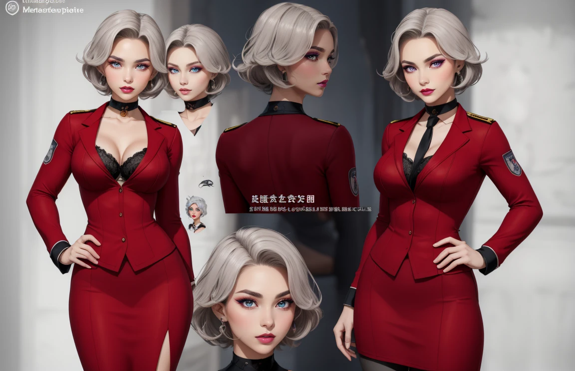 (The concept character sheet of a strong, attractive, and hot stewardess, wearing stewardess uniform). Her face is oval, forehead is smooth and visibly rounded at the temples. jawline is softly defined, giving her a gentle and feminine appearance, full body, Full of details, frontal body view, back body view, Highly detailed, Depth, Many parts, ((Masterpiece, Highest quality)), 8k, Detailed face, scars, serious expression. Infographic drawing. Multiple sexy poses. tattoos,3d, (short grey hair), (red eyes), choker