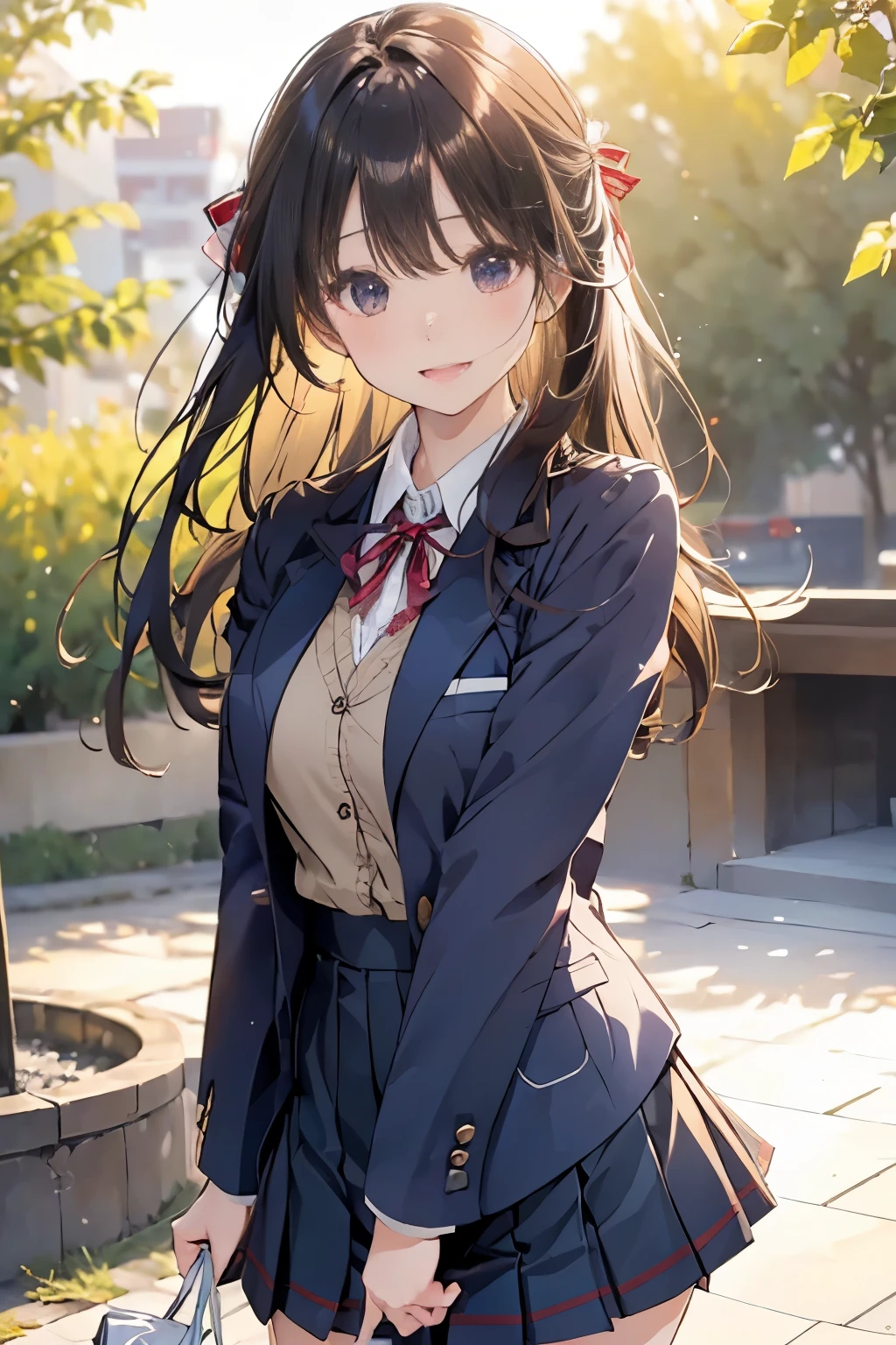 (((masterpiece)))，full body photo，(one beautiful japanese girl, innocence，cute，posterior view，look back) ，ultra high resolution, realistic, Super detailed, 8K,highest quality, very detailed, blurred background,slender body shape，small breasts，(detailed face:1.3), (Beautiful long hair fluttering in the strong wind), (baby face，cute系,Full of energy女の子), (perfect body:1.1),  ((Pink Blazer，white shirt，Red Neck Ribbon，Gray pleated kirt fluttering in the wind))，Full of energy，best smile，Pose with movement，rosy cheeks，超detailed face、detailed lips、small gravure idol，Japanese high school uniform with school emblem on the chest，transparent skin、lolita，realistic:1.37，no makeup，happy atmosphere，pastel color palette，in a sunny day，large park，happy holidays，date，happy，I feel excited