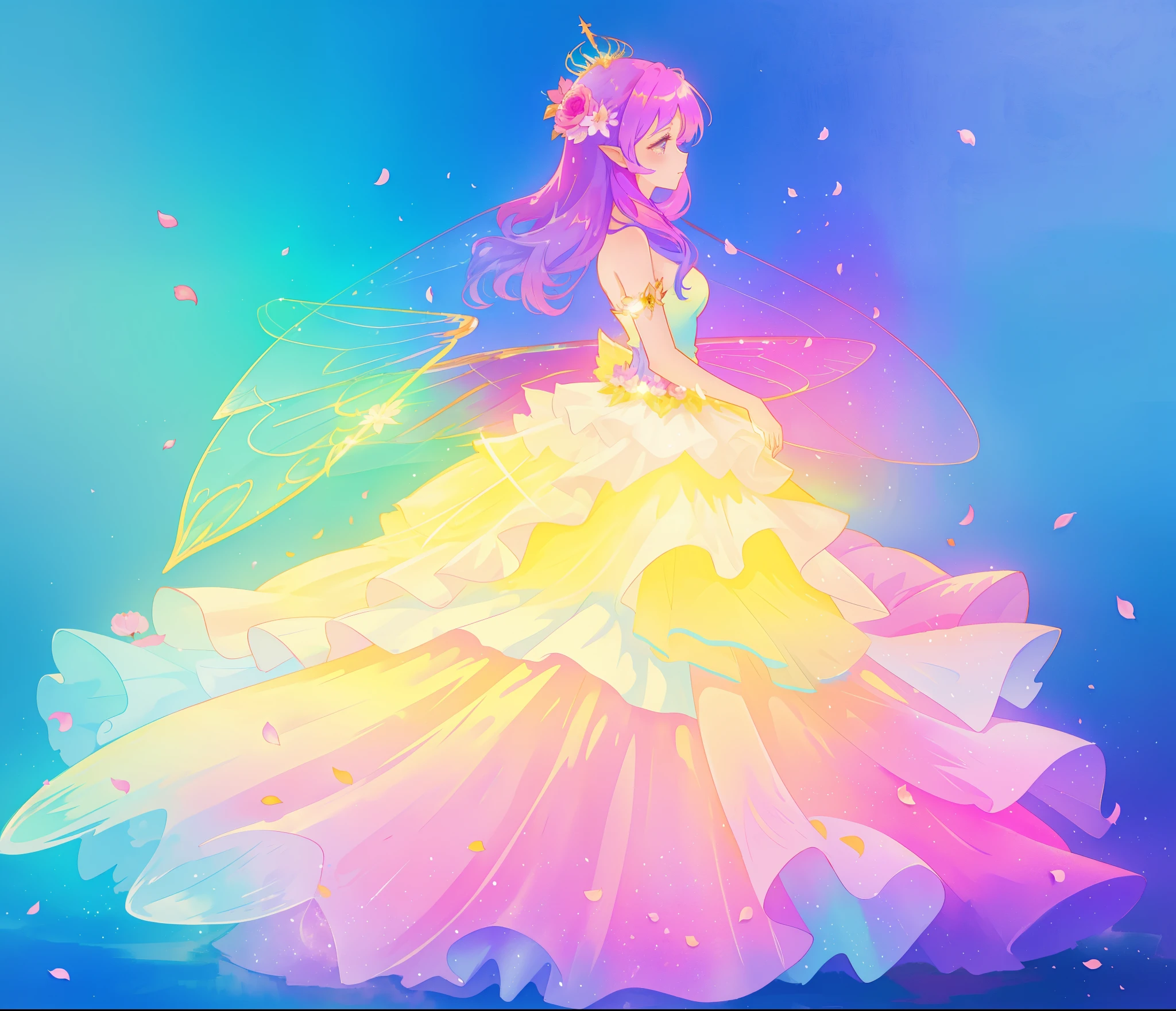 beautiful girl in tiered gradient ballgown dress, gradient colorful dress, ((layered flower petal skirt)), fairy dress, fairy queen, magical fantasia background, (glowing fairy wings), glowing flowing ballgown, long wavy hair, sparkling fairy wings, watercolor illustration, inspired by Glen Keane, inspired by Lois van Baarle, disney art style, jen bartel, beautiful digital illustration, beautiful, masterpiece, best quality, anime disney style