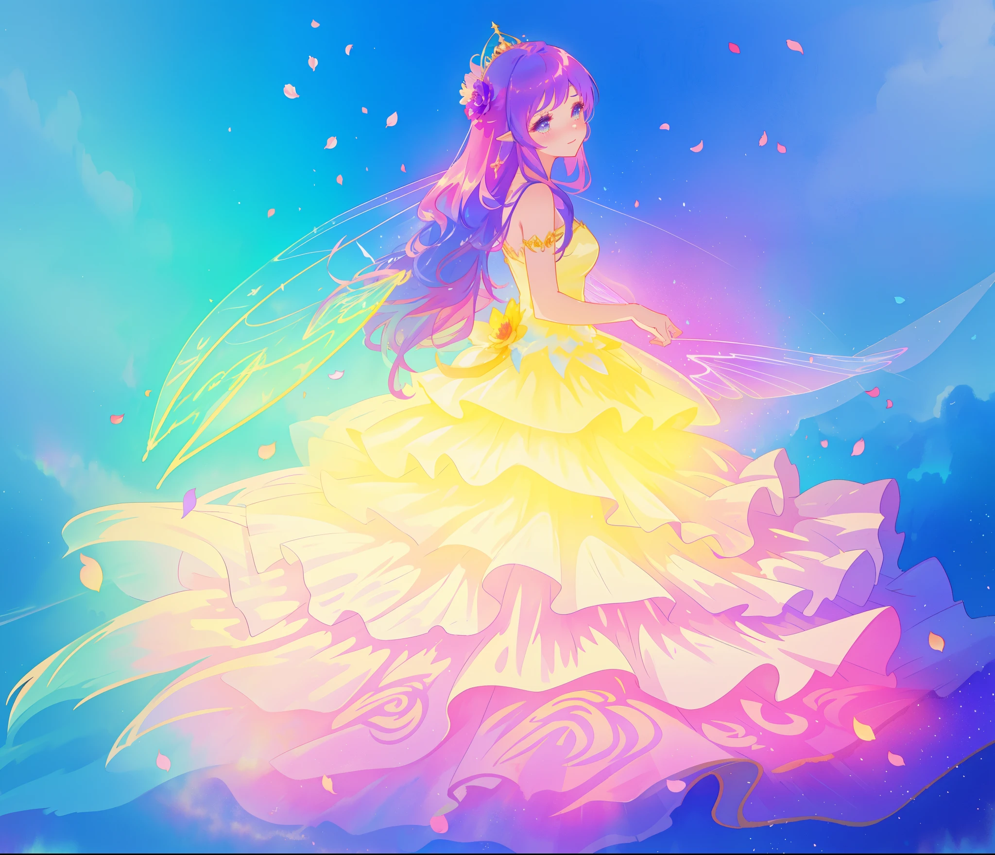 beautiful girl in tiered gradient ballgown dress, gradient colorful dress, ((layered flower petal skirt)), fairy dress, fairy queen, magical fantasia background, (glowing fairy wings), glowing flowing ballgown, long wavy hair, sparkling fairy wings, watercolor illustration, inspired by Glen Keane, inspired by Lois van Baarle, disney art style, jen bartel, beautiful digital illustration, beautiful, masterpiece, best quality, anime disney style