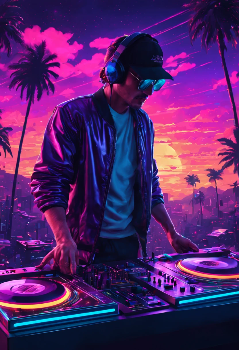 "best quality,4k,8k,highres,masterpiece:1.2,ultra-detailed,realistic:1.37,vivid colors,bokeh,HDR,UHD,studio lighting,ultra-fine painting,sharp focus,physically-based rendering,extreme detail description,professional"

In a retro disco, 80's, lines and lines, capsules and capsules of drug, Vaporwave Aesthetic style, lines and lines, silhouette of several musical notes suspended in the air, (an eighties DJ and his Pioneer dj set), vintage, magic, portraits, landscape, photography, concept artists, neon lights, pastel colors, dreamlike atmosphere, retro-futuristic vibes, digital glitch art, holographic effects, floating clouds, reflecting surfaces, chrome elements, 80s arcade game graphics, palm trees, pink and purple color scheme, city skyline, glowing sunsets, geometric shapes, pixel art, surrealistic elements, cyberpunk influences, nostalgic vibes, cassette tapes, psychedelic visuals, surreal landscapes, glitched-out visuals, vibrant and saturated colors, surreal sunsets, dreamy clouds, sunrays filtering through clouds, sparkling stars, disco ball, groovy beats, nostalgic atmosphere, nostalgic music, ethereal and magical ambiance, retro synthesizers, glowing city lights, dynamic motion, intricate details, expression of escapism.