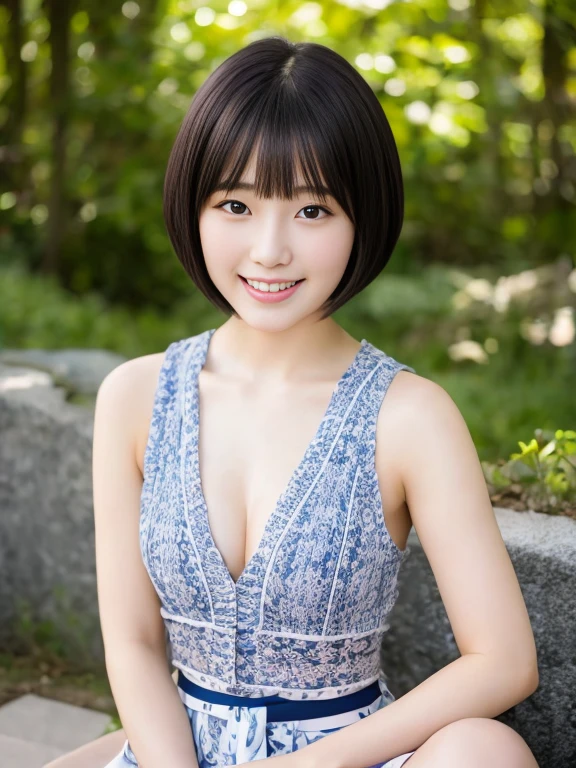 top-quality,masterpiece,Raw photography,8K,Top image quality,hight resolution, 18 years old Japanese female idol ,Beautuful Women,cute Japanese girls, Pretty Woman ,Beautiful face in every detail, ,small head, seductive smile ,Realistic human skin, pale skin ,cut model , Short hair ,bowl cut ,skinny body , face focus,sit