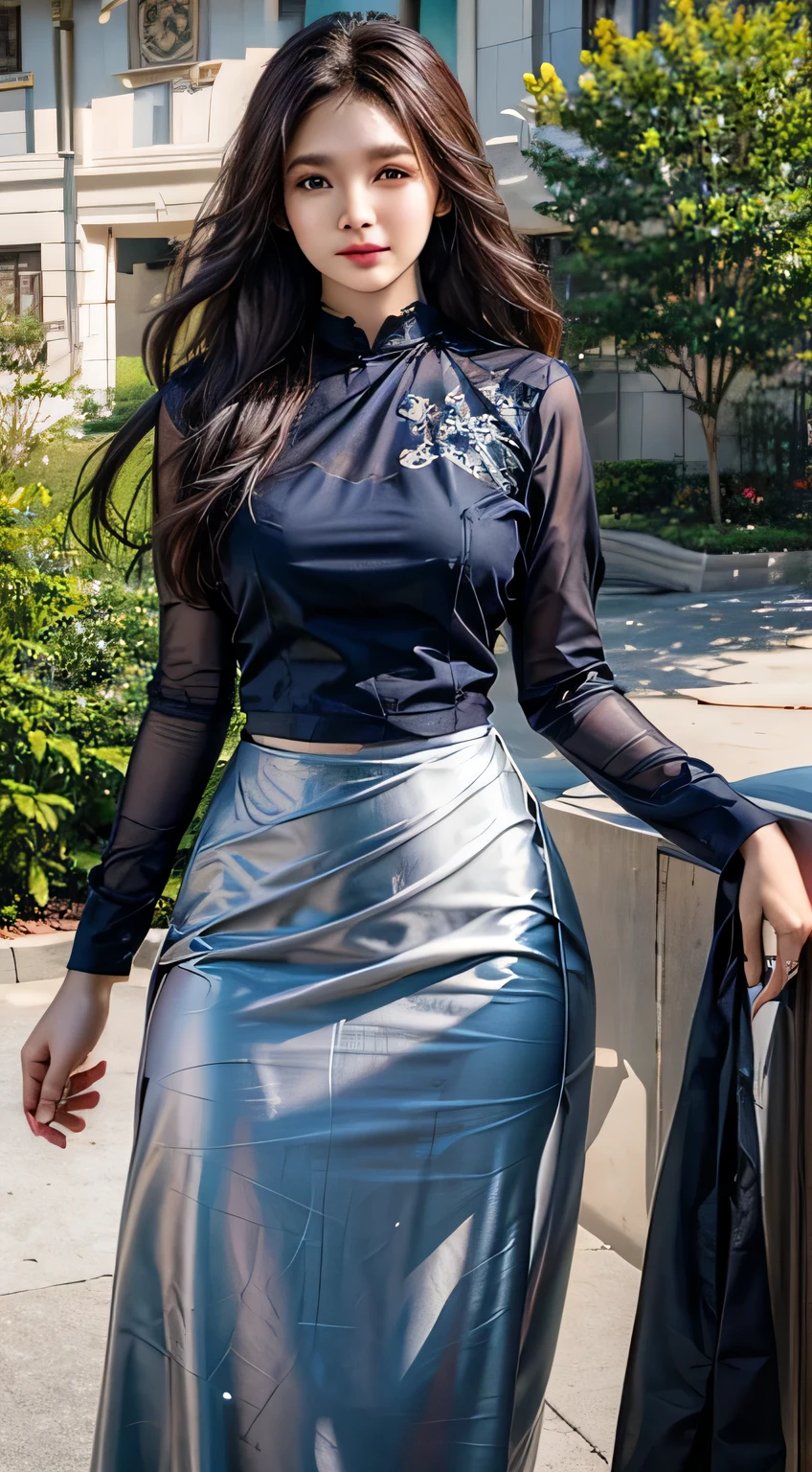 top quality, masterpiece, best quality, high resolution, realistic, (Photorealistic:1.4), professional photography, highly detailed, 1 woman, beautiful face and eyes, feminine figures, well crafted fingers, long hair, standing, acmm ls outfit, wearing acmm top, peach acmm top, long sleeves, wearing acmm long skirt, emerald green acmm long skirt, printed skirt, sun light, 8k, outdoor background