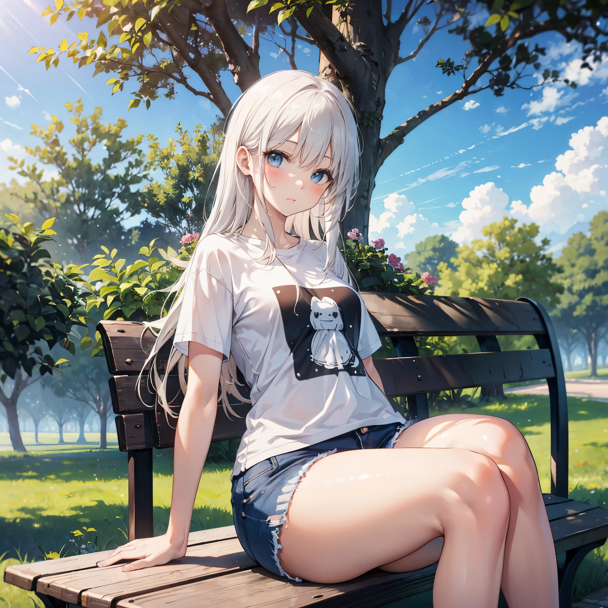realistic image, coherent image, detailed image, 1 girl, , has white hair, long hair, light blue eyes, her face is oval and delicate, blushing, she is wearing a large t-shirt, jean mini shorts, moccasin sneakers, small breasts, curvy body, thick thighs, has an arched back, sitting on a bench, surrounded by trees, at the bottom of a park,