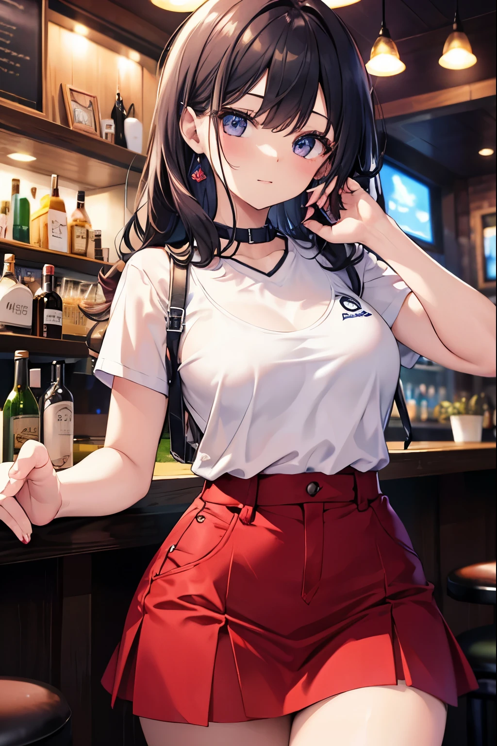A sexy lady you see at a bar,Smaller breasts、white t-shirt、Tight Skirt