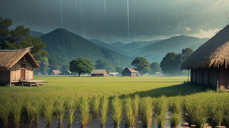 8k、high quality、Mountain、Paddy field、small house with thatched roof、it's raining、night