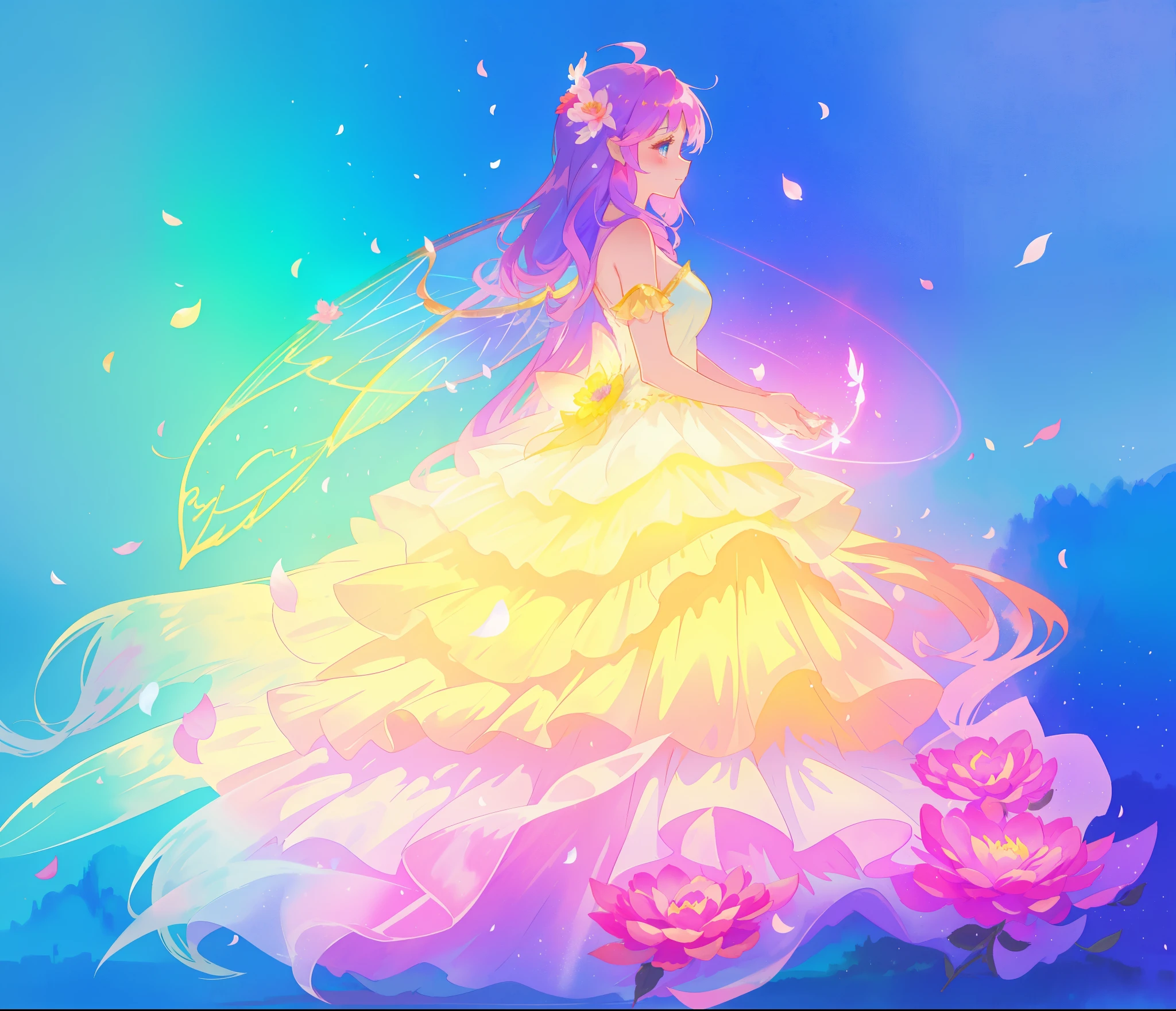 beautiful girl in tiered gradient ballgown dress, gradient colorful dress, ((layered flower petal skirt)), fairy dress, fairy queen, magical fantasia background, (glowing fairy wings), glowing flowing ballgown, long wavy hair, sparkling fairy wings, watercolor illustration, inspired by Glen Keane, inspired by Lois van Baarle, disney art style, jen bartel, beautiful digital illustration, beautiful, masterpiece, best quality, anime disney style