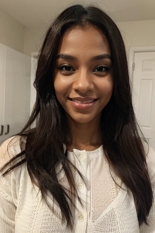 Brazilian, 25 years old, straight hair, dark skin, smiling with red lipstick