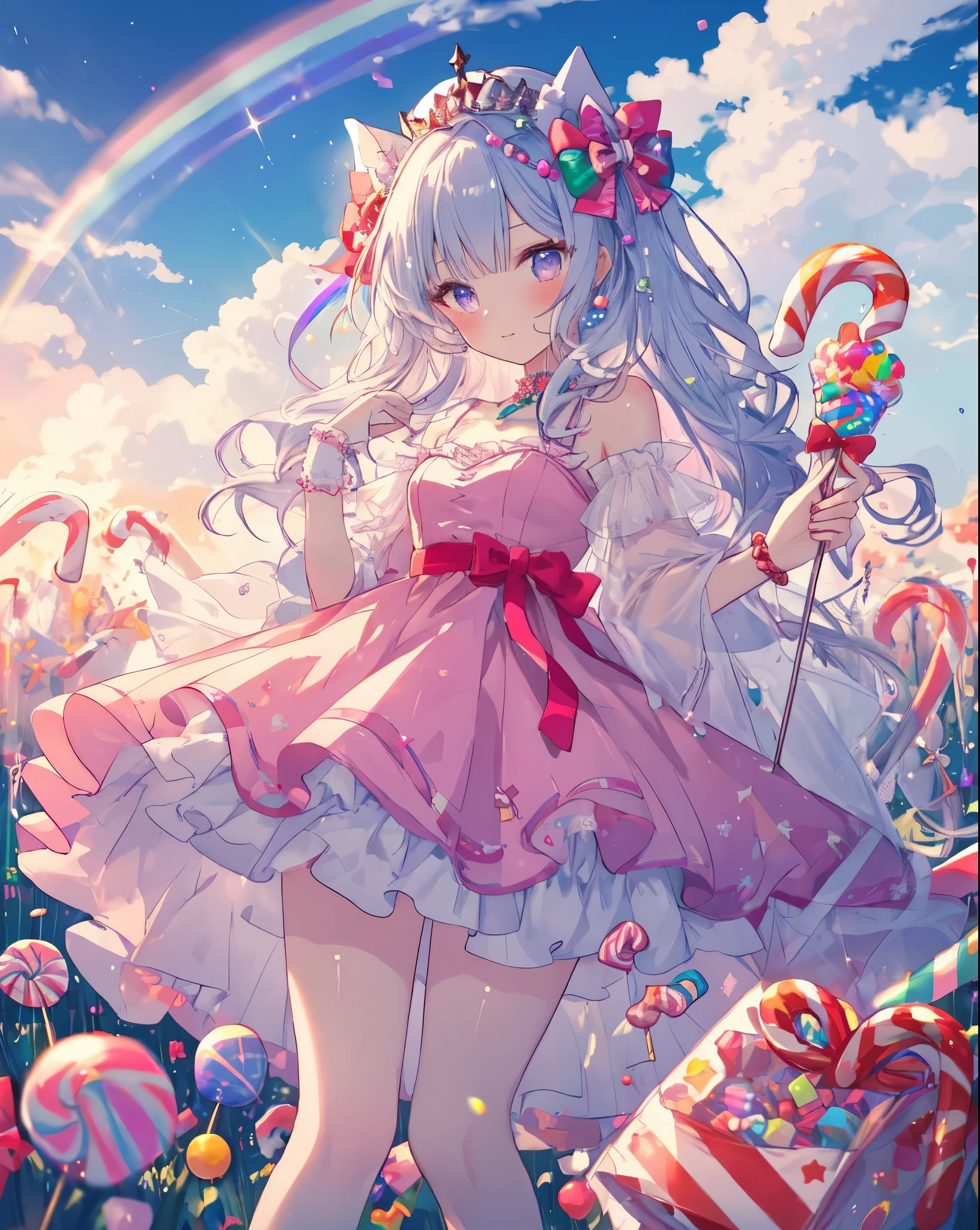 scepter, lots of candy, gumdrops, candycanes, a rainbow, candy, (a field of candy), 1girl, sugar queen, pink dress, a Sceptor of candy