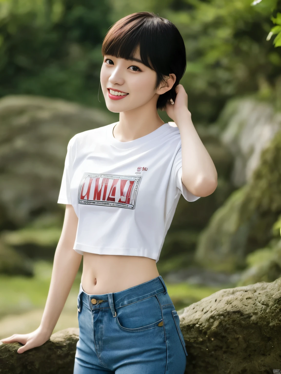 top-quality,masterpiece,Raw photography,8K,Top image quality,hight resolution, 18 years old Japanese female idol ,Beautuful Women,cute Japanese girls, lying,on_side,Pretty Woman ,Beautiful face in every detail, aegyo sal ,small head, seductive smile ,Realistic human skin, pale skin ,cut model , Short hair ,bowl cut ,skinny body ,pale skin,Sweat, t-shirts, shirt lift ,rib ,(low rise pants,from side, put one's hand inside one's clothes ), navel focus, arched back, contrapposto ,rain ,dimly lit