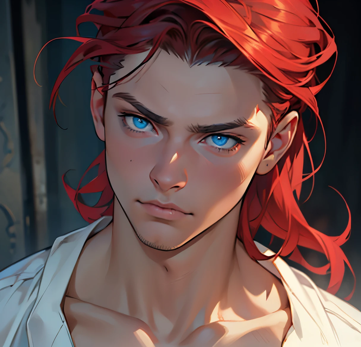 (a boy with blue eyes,ultra-detailed,realistic:1.37,masterpiece:1.2),young,masculine Caucasian,medium length red hair, casaco de caveira, empty gaze, vacant expression, sixteen years old, high-res portrait.