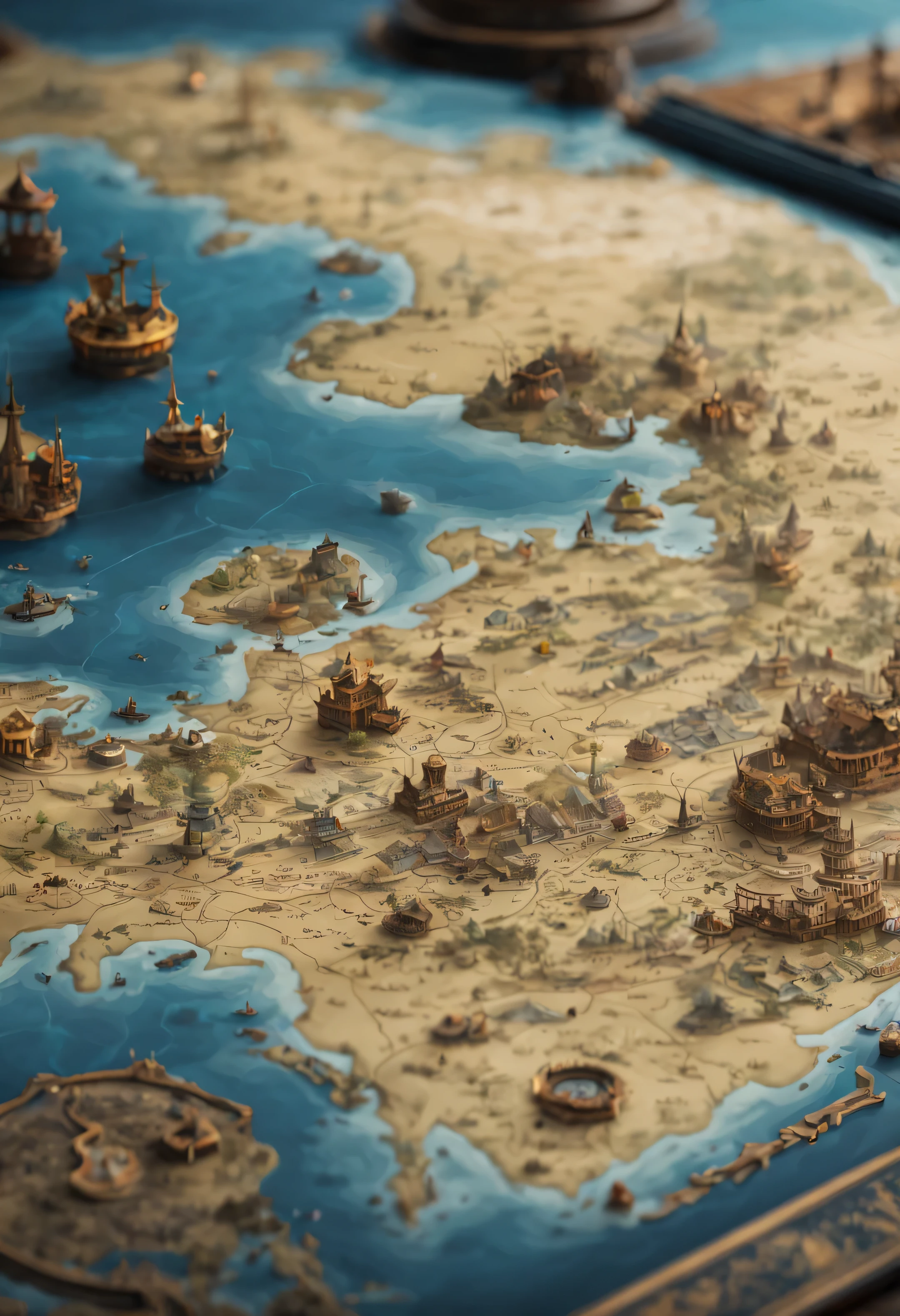 map on table,There'There is an ocean above,The missing part of the map is a cloaked monster and a treasure. Epic Brilliance Stunning Complexity、Detailed and detailed、dramatic、atmosphere、minimalist digital matte