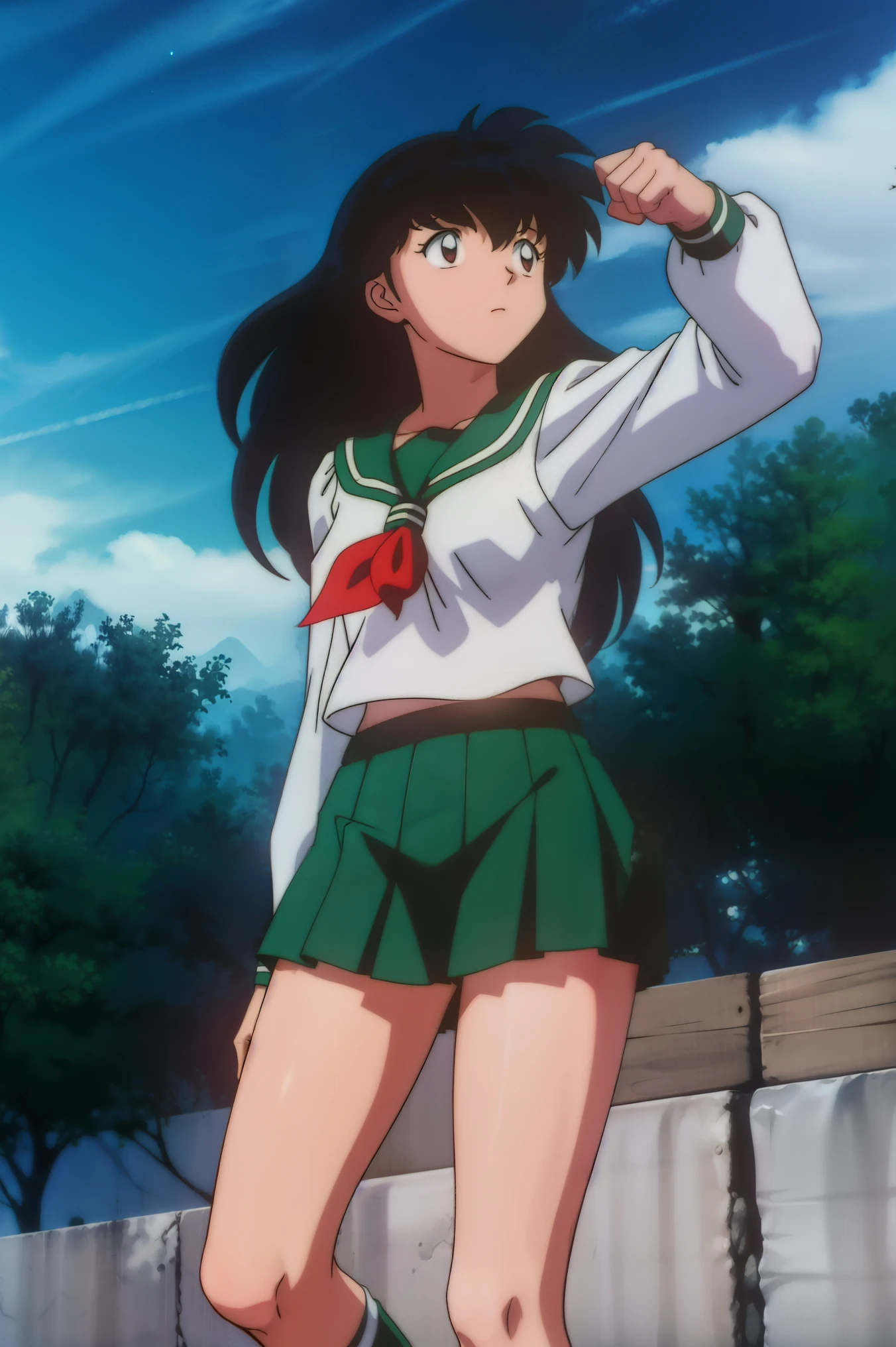 1girl, solo, outdoors, long hair, brown eyes, school uniform,(Masterpiece: 1.6, Best Quality), (Fine Beautiful Eyes: 1.2), (best quality, masterpiece, higher), green school uniform, soft thighs , long sleeves, white socks, scenery , Best Quality, ((anime)) ((Colored)) HD, Kagome Higurashi ,school uniforms, Standing, Green skirt, Red scarf, long hair, Black hair between the eyes, Thighs are soft, school background , black hair, skirt ,standing, green skirt, serafuku
