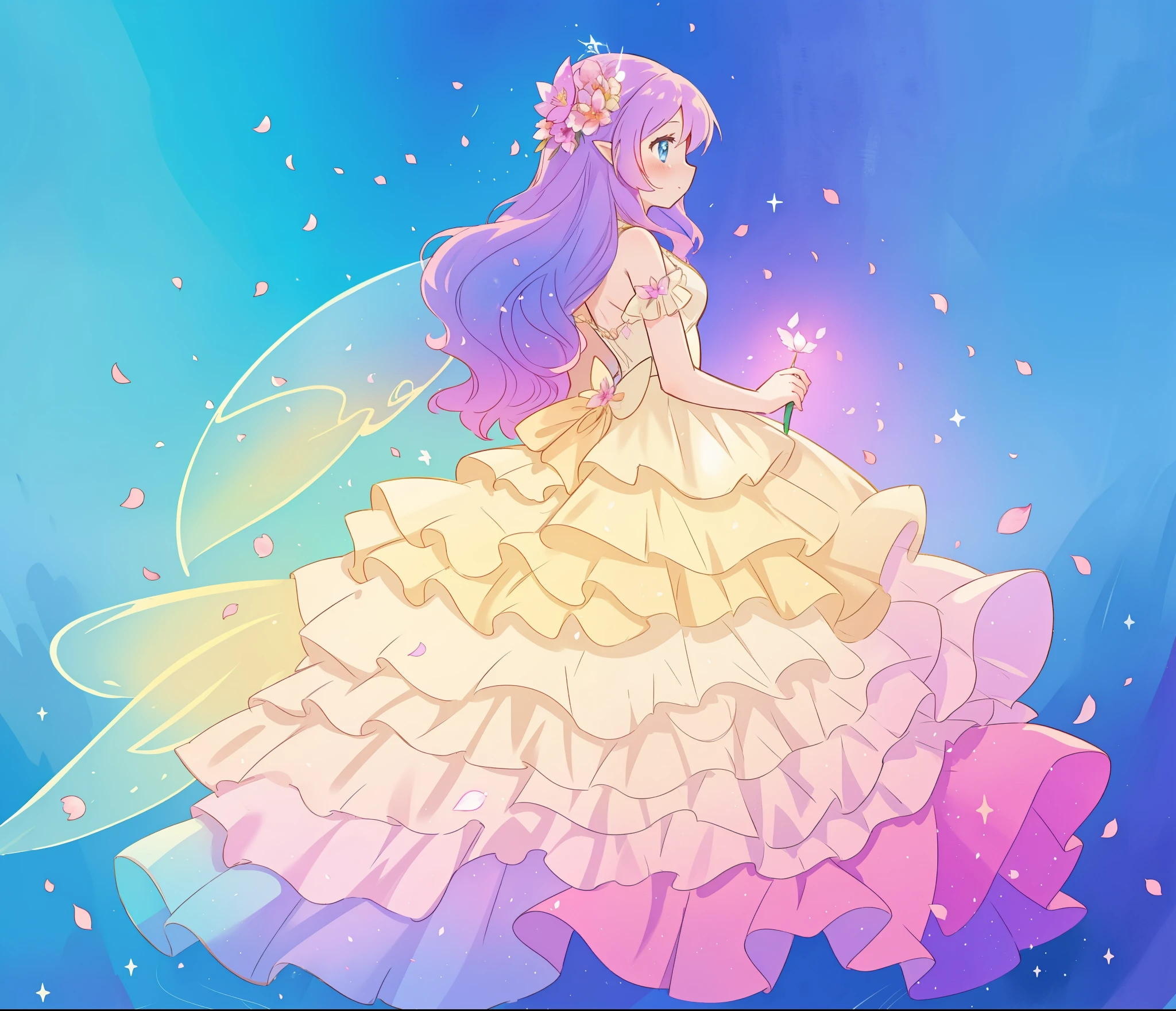 beautiful girl in tiered gradient ballgown dress, gradient colorful dress, ((layered flower petal skirt)), fairy dress, fairy queen, magical fantasia background, (glowing fairy wings), glowing flowing ballgown, long wavy hair, sparkling fairy wings, watercolor illustration, inspired by Glen Keane, inspired by Lois van Baarle, disney art style, jen bartel, beautiful digital illustration, beautiful, masterpiece, best quality, anime disney style
