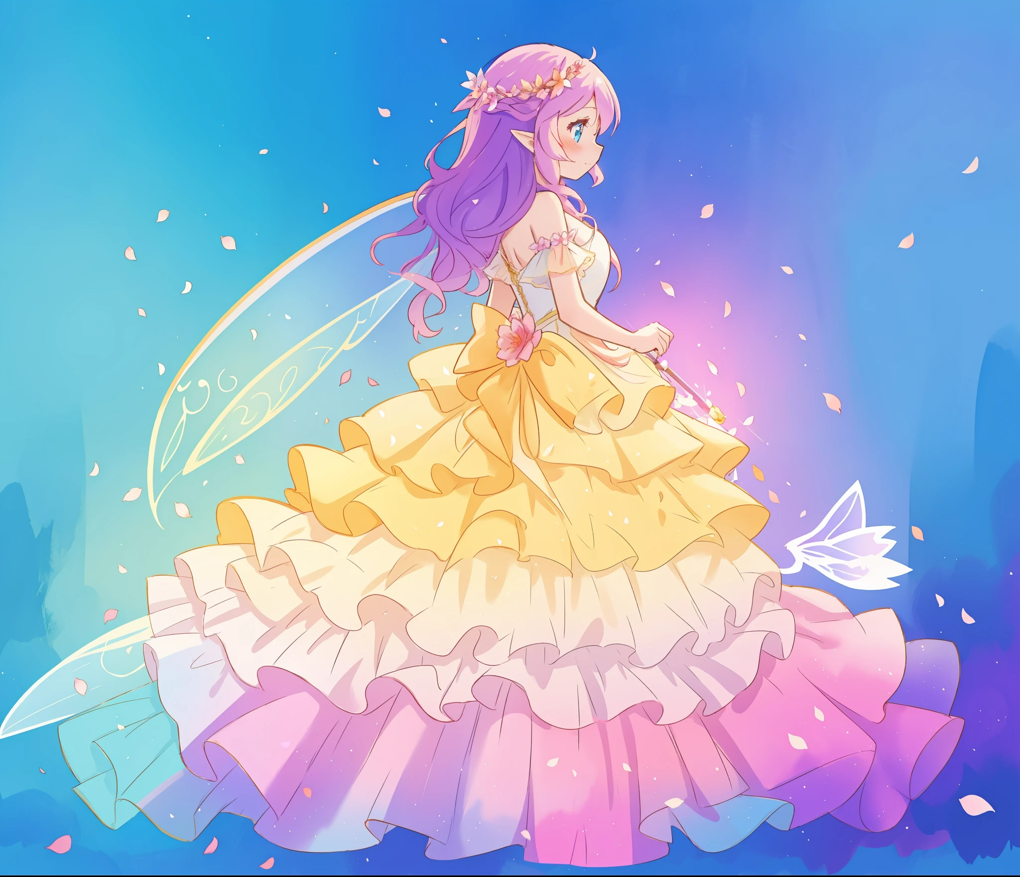 beautiful girl in tiered gradient ballgown dress, gradient colorful dress, ((layered flower petal skirt)), fairy dress, fairy queen, magical fantasia background, (glowing fairy wings), glowing flowing ballgown, long wavy hair, sparkling fairy wings, watercolor illustration, inspired by Glen Keane, inspired by Lois van Baarle, disney art style, jen bartel, beautiful digital illustration, beautiful, masterpiece, best quality, anime disney style