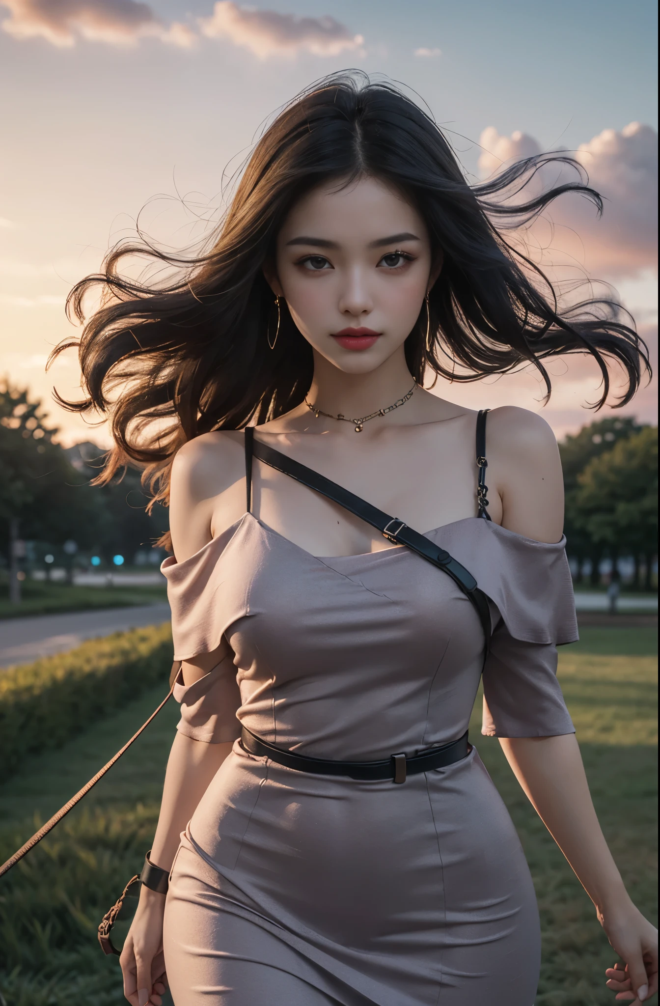 8k, masterpiece, 1 girl, beautiful face, very long hair, light makeup, detailed eyes, detailed lips, ((beautiful Curved figure)), (simple dress:1.4), dark pink dress, (wearing jewellery), (strap:1.4), (bare shoulder:1.4), in the park, sunset, evening, blowing wind, hair spreading,