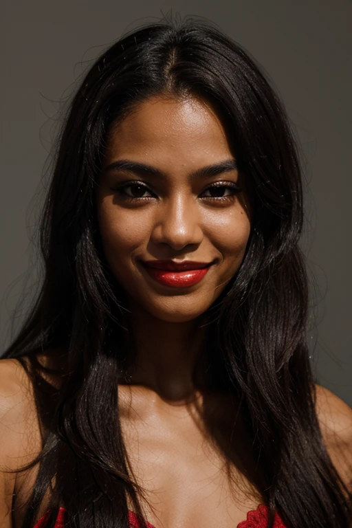 Brazilian, 25 years old, straight Chanel hair, dark skin, smiling with red lipstick