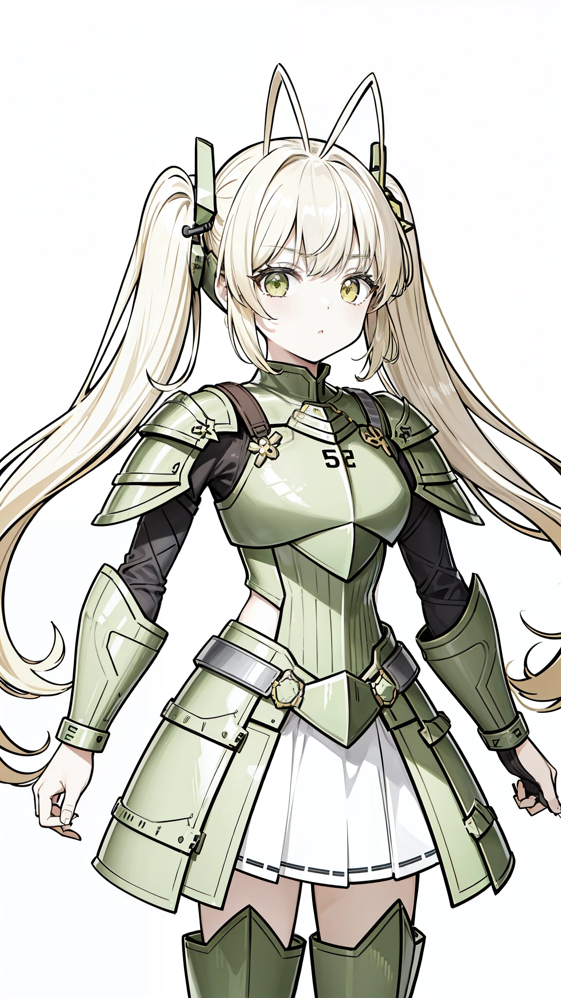 1girl,,:o,yellow hair,twintail hair,long hair,(((hair 2antennas))),(((green armor))),(white background, line drawing),cowboy shot