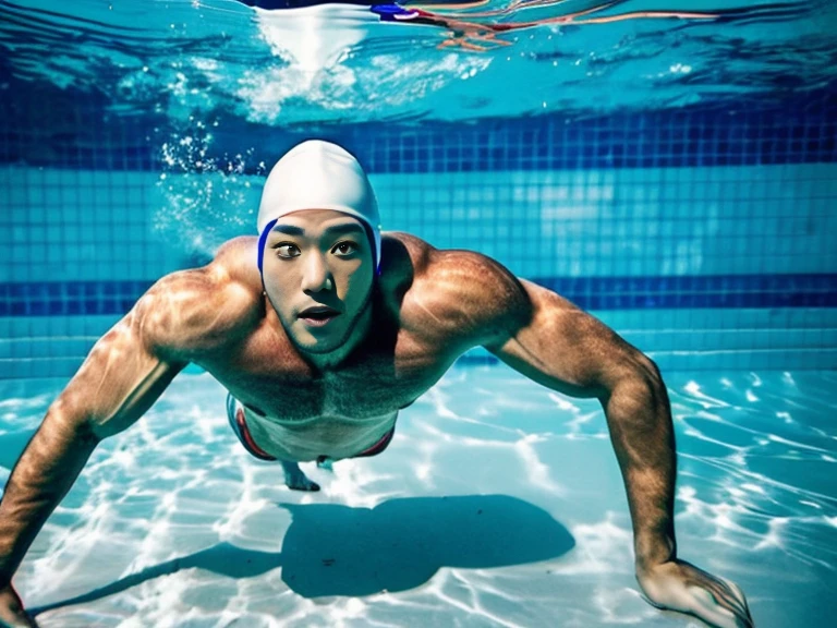 Full body image of a Japanese man、male student、male swimming club member、male lifesaver、Shaved Head Man、Dark-skinned man、muscular man、man sinking in the bathtub、man sinking at the bottom of the pool、man sunk to the bottom of water、A man wearing a skin-tight black speedo swimsuit、A man wearing a silicone cap、A young man sinking with his eyes open、Young man sinking with his mouth open、Man Looking Up At The Sky、A man with a surprised expression、A man with a sad expression、strangled man、man being suffocated、Full body image of a man submerged in water、A man participating in a swimming competition、competitive swimming man、swimming school men、male swimming instructor、one man、male player、A man wearing nothing on his upper body、man pretending to be murdered、male actor playing a corpse、The man who plays the role of a water corpse、Suspense drama、mystery drama、Underwater perspective、perspective from below、A young man opens his eyes and plays the role of a corpse.、facing forward