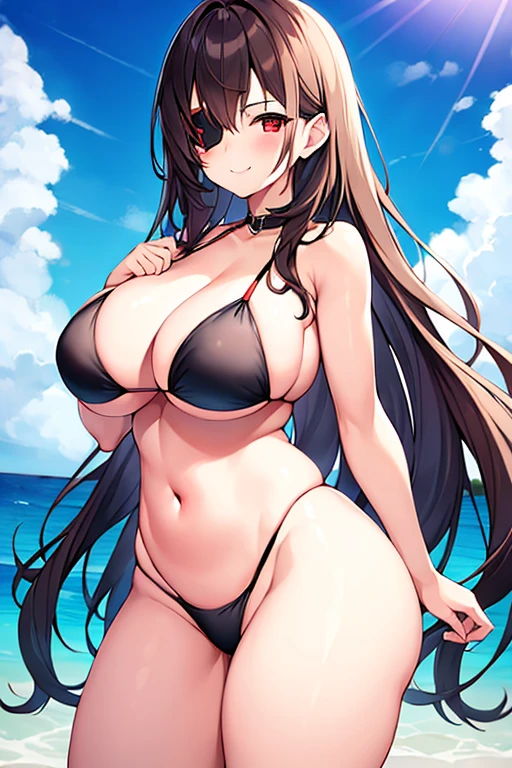 1girl, large breasts, breasts, wide hips, thick thighs, black bikini, highleg bikini, eyepatch, red eyes, brown hair, long hair, beach, smile
