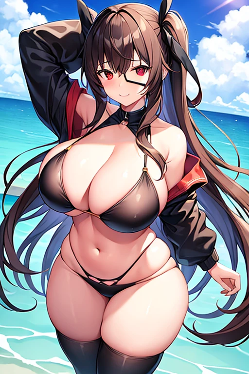 1girl, large breasts, breasts, wide hips, thick thighs, black bikini, highleg bikini, eyepatch, red eyes, brown hair, long hair, beach, smile