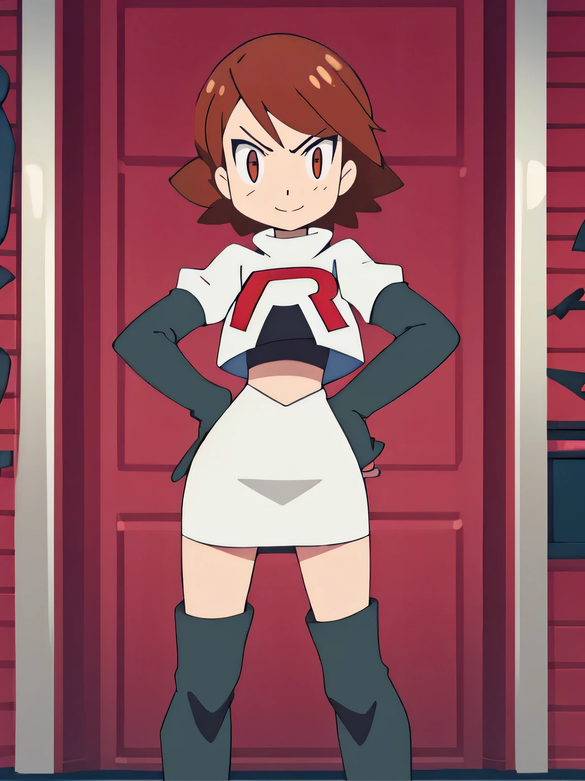 brown hair, short hair, glossy lips, eye shadow ,team rocket uniform, red letter R, white skirt,white crop top,black thigh-high boots, black elbow gloves, evil smile, evil face ,looking at viewer, cowboy shot, hands on hipsteam rocket uniform, red letter r, white skirt,white crop top,black thigh-high boots, black elbow gloves, glaring angrily, looking at viewer, hands on hips, full body seen
