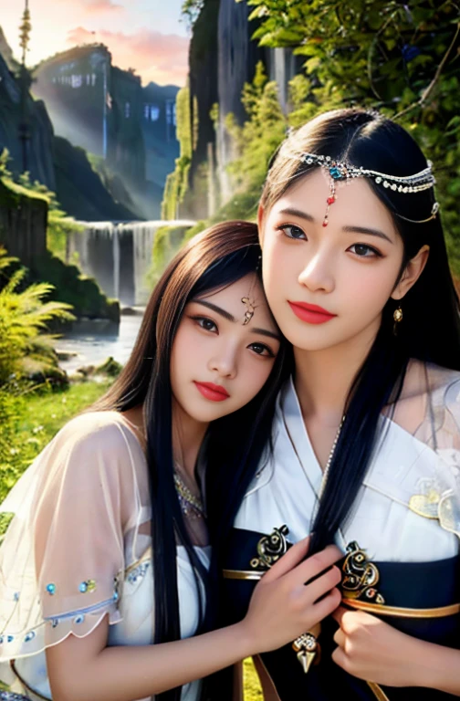 ((realistic:1.5)),((best quality)), ((Masterpiece)),((details)),2 girls,partner,{2 Beautiful Girls}, (upper body:1.3),Hug and touch each other., Teasing her friend&#39;s waist, friend gasping, Biting her friend&#39;s earlobe, squatting,Ultra-wide-angle lens,Face focus,Long legs,curve, Barefoot, Medium bust, open the divide,long black hair,floating hair,Long eyelashes, (details face,Beautiful eyes, details pupilss,details clothes features, Clear background:1.3), (Bindi,Jumgas:1.3),Mysterious ancient ruins, Lush forest, canyon,bridge,river,cliff,Cloud,lagoon,rock,waterfall, flower, grass,vine,tree,detailsที่สดใส,sharp,Perfect composistion, complicated, โฟกัสsharpชัด, Amazing,