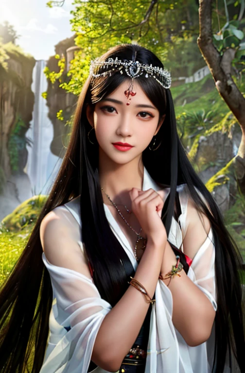 ((realistic:1.5)),((best quality)), ((Masterpiece)),((details)),2 girls,partner,{2 Beautiful Girls}, (upper body:1.3),Hug and touch each other., Teasing her friend's waist, friend gasping, Biting her friend's earlobe, squatting,Ultra-wide-angle lens,Face focus,Long legs,curve, Barefoot, Medium bust, open the divide,long black hair,floating hair,Long eyelashes, (details face,Beautiful eyes, details pupilss,details clothes features, Clear background:1.3), (Bindi,Jumgas:1.3),Mysterious ancient ruins, Lush forest, canyon,bridge,river,cliff,Cloud,lagoon,rock,waterfall, flower, grass,vine,tree,detailsที่สดใส,sharp,Perfect composistion, complicated, โฟกัสsharpชัด, Amazing,