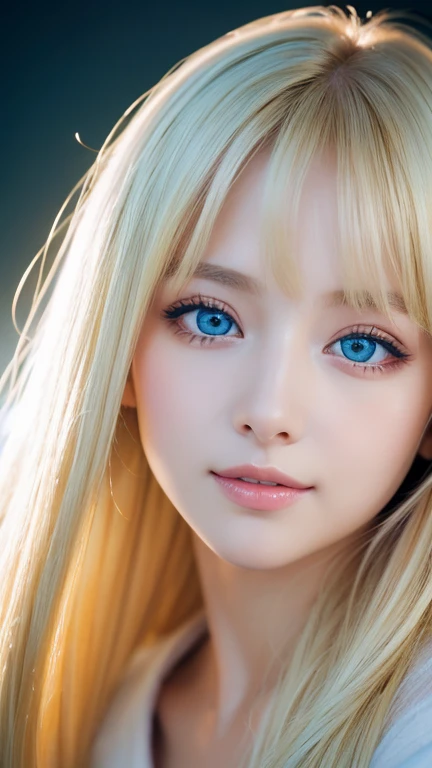 light smile、night、Live shooting、(((Portrait of extreme beauty)))、((glowing skin))、1 girl、Beautiful blonde girl from Prague, 11 years old、((まばゆい??りのBrightいブロンドの髪))、[Bright, Sparkling pale blue eyes]、shiny very white skin、Hair color that changes depending on the light source、silky super long straight blonde hair、eyeliner、Bangs are long、blonde hair above the eyes、blonde over one eye、The blonde hair is hanging between the eyes、((masterpiece、最high quality、Super detailed、film light、intricate details、High resolution、8K、very detailed))、detailed background、8K UHD、digital single lens reflex、soft light、high quality、film grain、XT3 、shallow depth of field、Natural light、（There is no special beauty、gross face、Very big blue eyes、very big eyes、bangs between the eyes、片blonde hair above the eyes、blonde hair above the eyes、small face beautiful girl、cheek gloss highlight