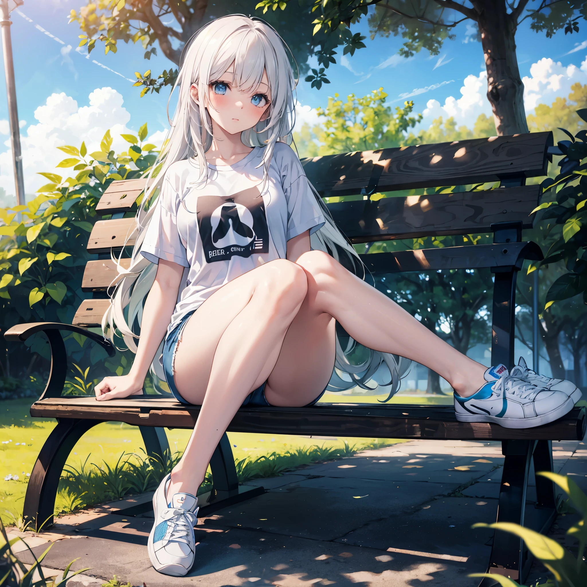 realistic image, coherent image, detailed image, 1 girl, , has white hair, long hair, light blue eyes, her face is oval and delicate, blushing, she is wearing a large t-shirt, jean mini shorts, moccasin sneakers, small breasts, curvy body, thick thighs, has an arched back, sitting on a bench, surrounded by trees, at the bottom of a park,
