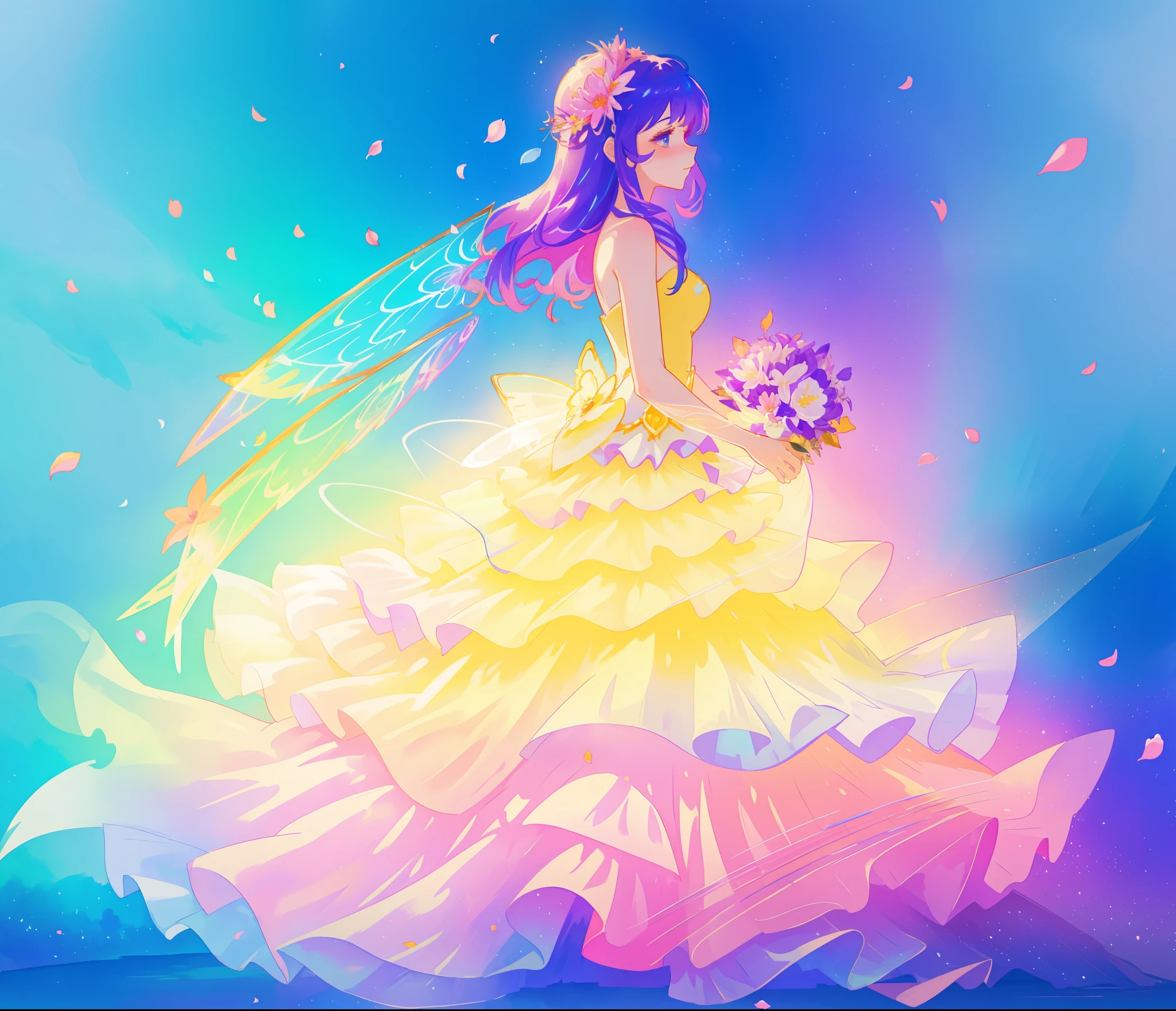 beautiful girl in tiered gradient ballgown dress, gradient colorful dress, ((layered flower petal skirt)), fairy dress, fairy queen, magical fantasia background, (glowing fairy wings), glowing flowing ballgown, long wavy hair, sparkling fairy wings, watercolor illustration, inspired by Glen Keane, inspired by Lois van Baarle, disney art style, jen bartel, beautiful digital illustration, beautiful, masterpiece, best quality, anime disney style