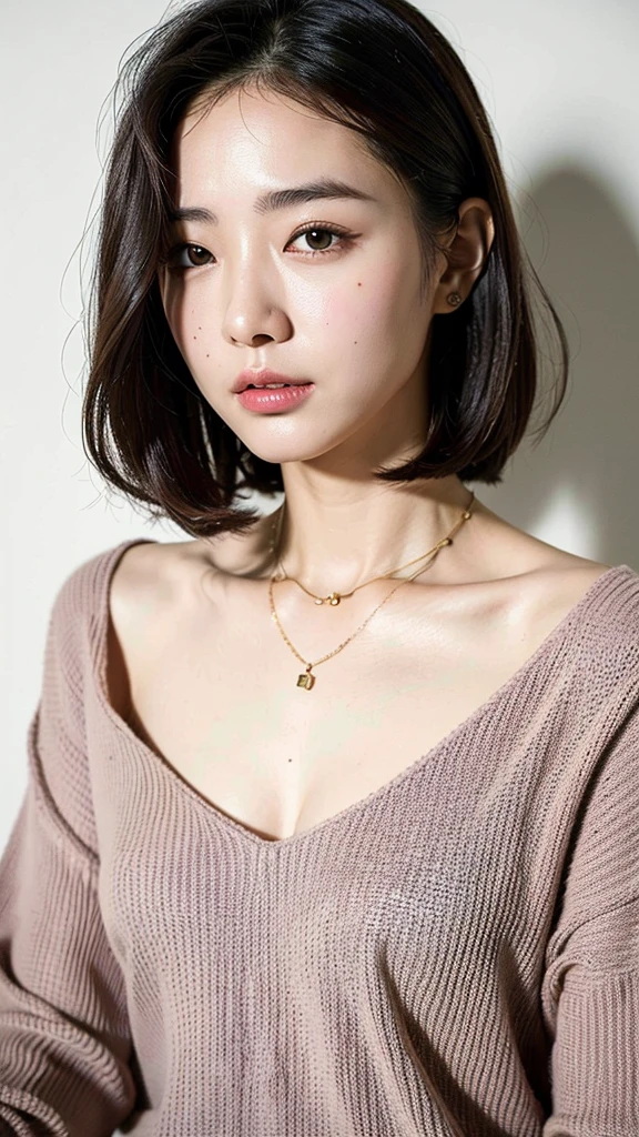 (highest quality、8K、32K、masterpiece、UHD:1.2)、Cute Half-Woman Photos、bob hair、On the chest、surface focus、extra large size_sweater、necklace、simple background、From above、looking at the viewer、