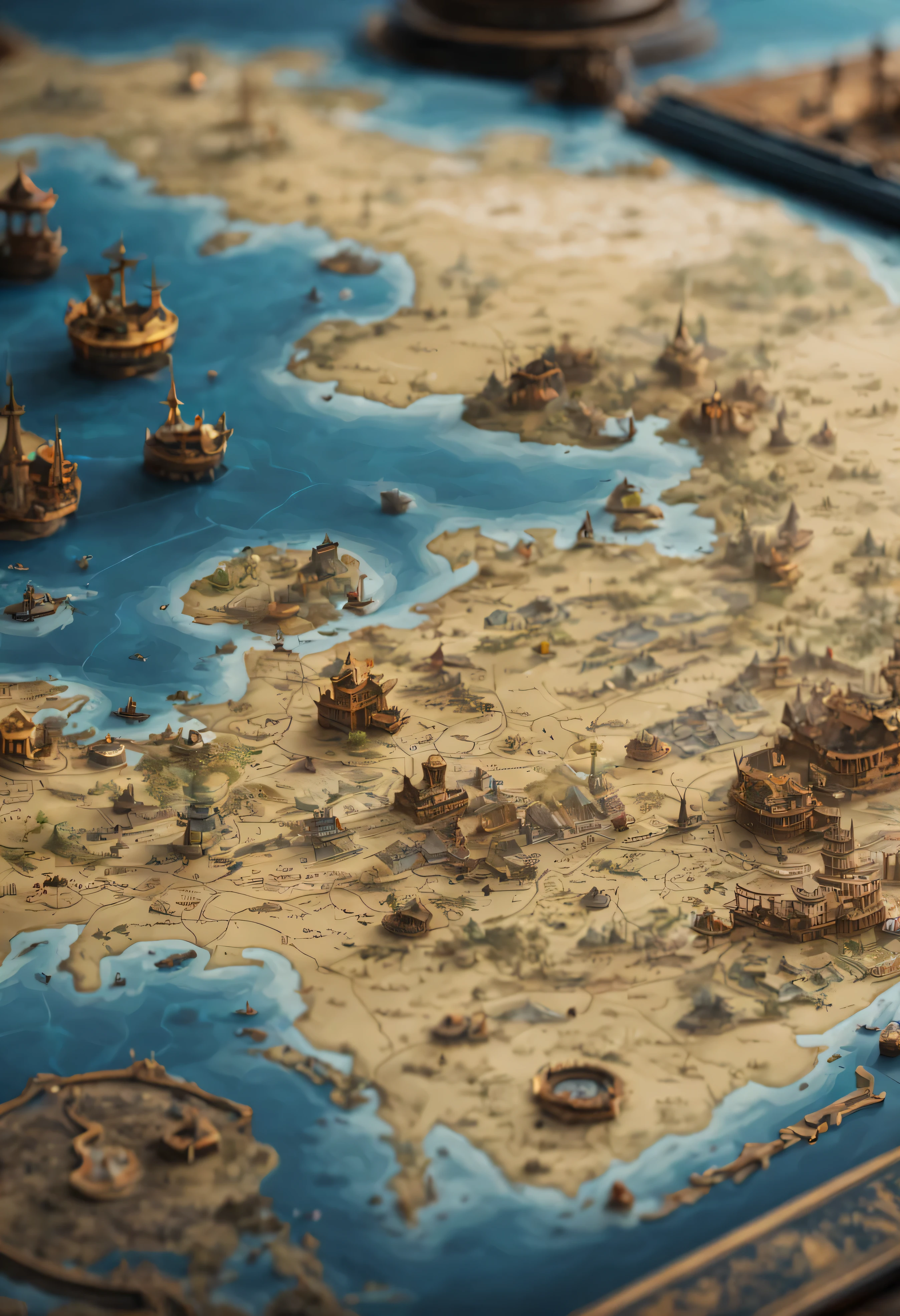 map on table，There&#39;There is an ocean above，The missing part of the map is a cloaked monster and a treasure. Epic Brilliance Stunning Complexity、Detailed and detailed、dramatic、atmosphere、Minimalist digital matte