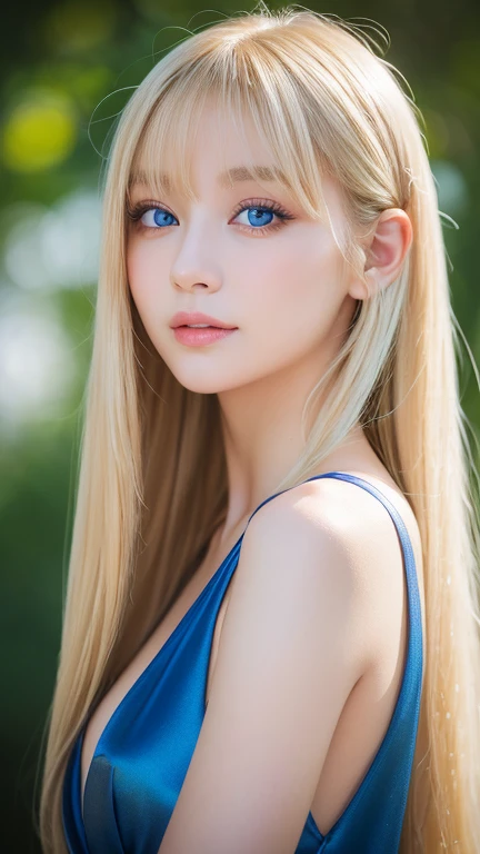 light smile、night、Live shooting、(((Portrait of extreme beauty)))、((glowing skin))、1 girl、Beautiful blonde girl from Prague, 11 years old、((まばゆいばかりのBrightいブロンドの髪))、[Bright, Sparkling pale blue eyes]、shiny very white skin、Hair color that changes depending on the light source、silky super long straight blonde hair、eyeliner、Bangs are long、blonde hair above the eyes、blonde over one eye、The blonde hair is hanging between the eyes、((masterpiece、最high quality、Super detailed、film light、intricate details、High resolution、8K、very detailed))、detailed background、8K UHD、digital single lens reflex、soft light、high quality、film grain、XT3 、shallow depth of field、Natural light、（There is no special beauty、gross face、Very big blue eyes、very big eyes、bangs between the eyes、片blonde hair above the eyes、blonde hair above the eyes、small face beautiful girl、cheek gloss highlight