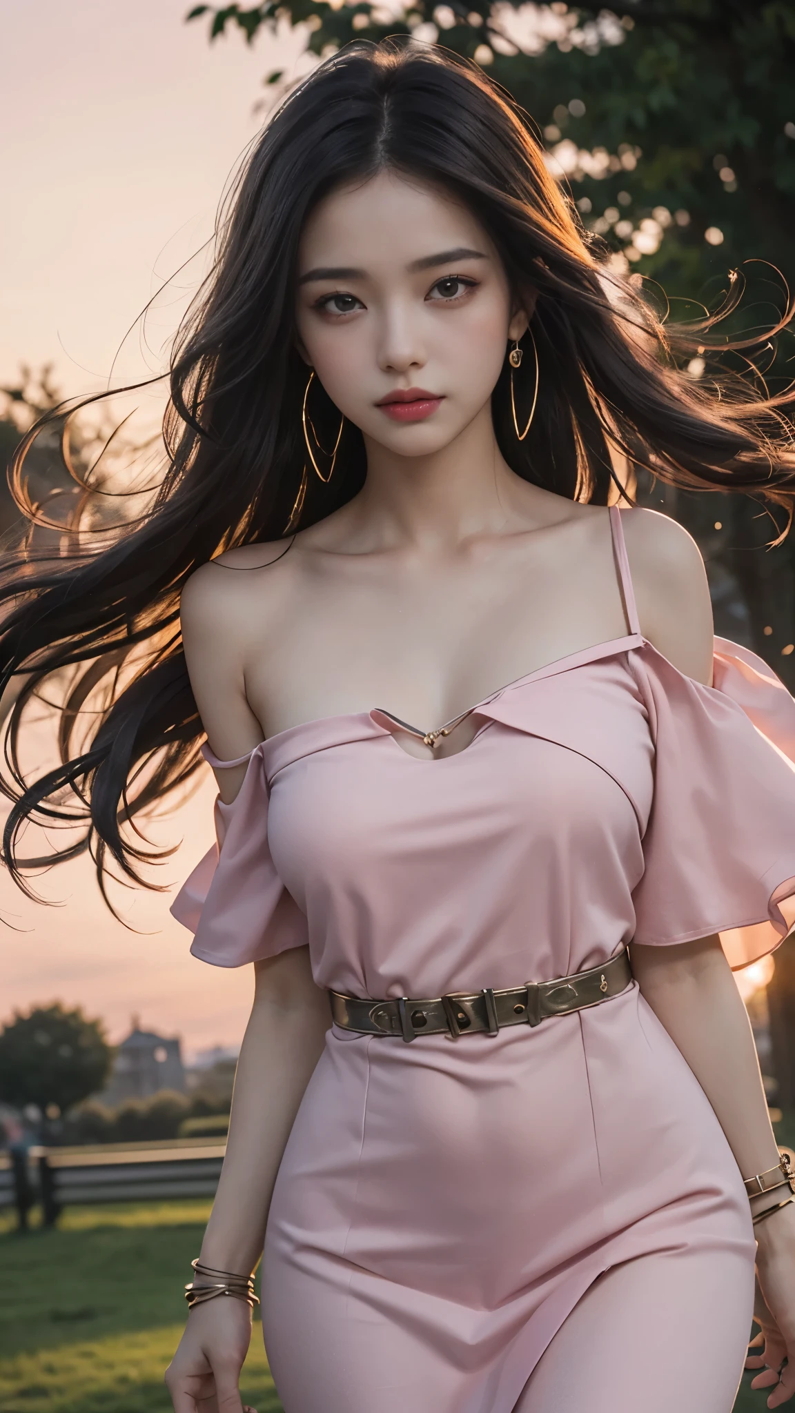 8k, masterpiece, 1 girl, beautiful face, very long hair, light makeup, detailed eyes, detailed lips, ((beautiful Curved figure)), (simple dress:1.4), ((pink dress)), (wearing jewellery), (strap:1.4), (bare shoulder:1.4), in the park, sunset, evening, blowing wind, hair spreading,