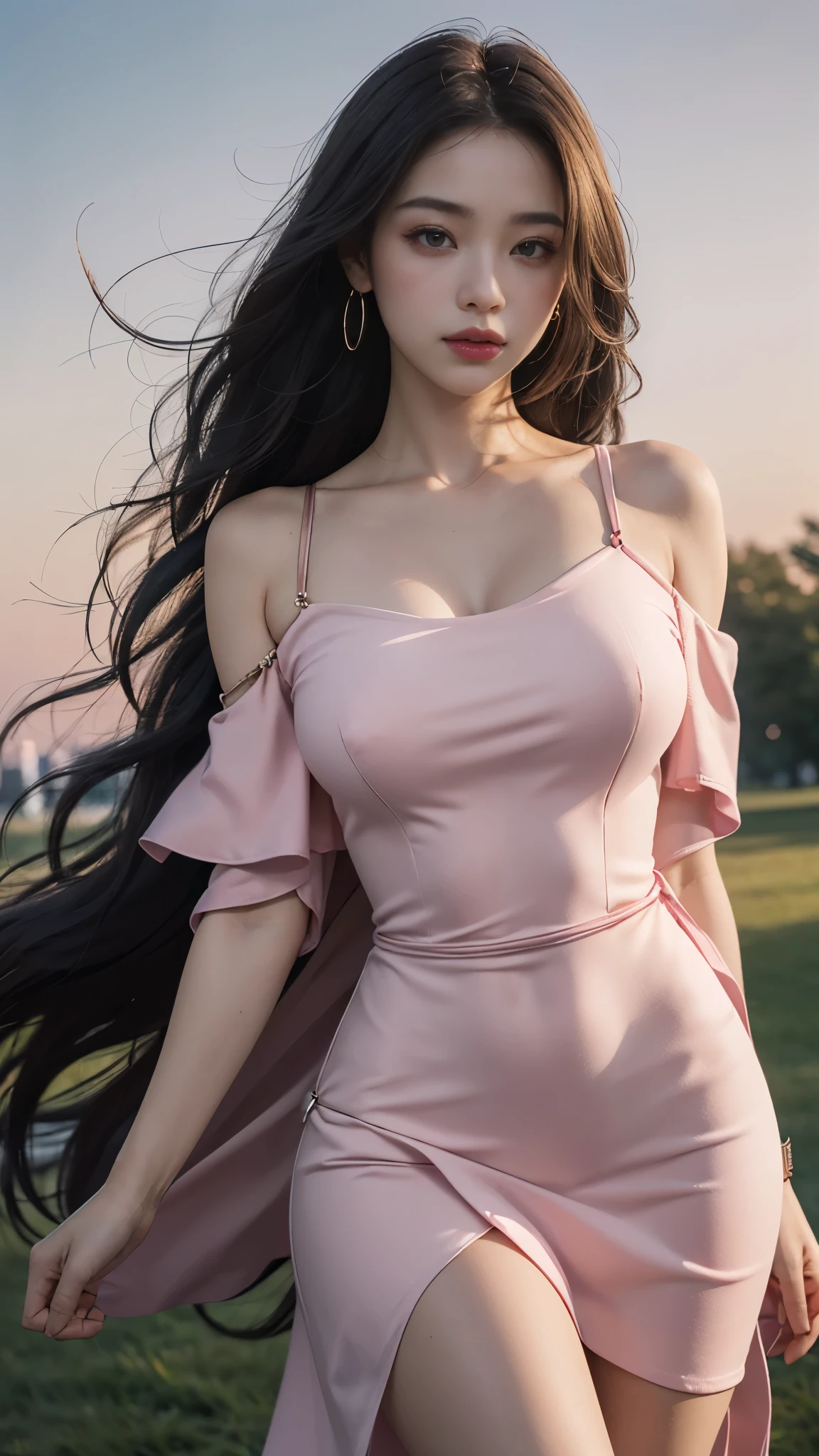 8k, masterpiece, 1 girl, beautiful face, very long hair, light makeup, detailed eyes, detailed lips, ((beautiful Curved figure)), (simple dress:1.4), ((pink dress)), (wearing jewellery), (strap:1.4), (bare shoulder:1.4), in the park, sunset, evening, blowing wind, hair spreading,