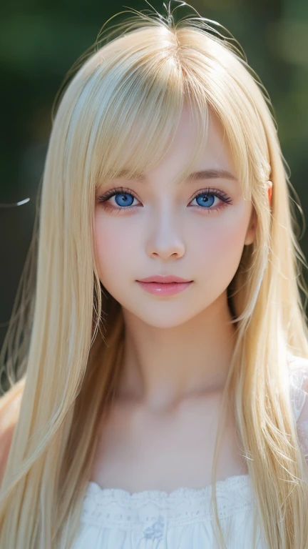 light smile、night、Live shooting、(((Portrait of extreme beauty)))、((glowing skin))、1 girl、Beautiful blonde girl from Prague, 11 years old、((まばゆいばかりのBrightいブロンドの髪))、[Bright, Sparkling pale blue eyes]、shiny very white skin、Hair color that changes depending on the light source、silky super long straight blonde hair、eyeliner、Bangs are long、blonde hair above the eyes、blonde over one eye、The blonde hair is hanging between the eyes、((masterpiece、最high quality、Super detailed、film light、intricate details、High resolution、8K、very detailed))、detailed background、8K UHD、digital single lens reflex、soft light、high quality、film grain、XT3 、shallow depth of field、Natural light、（There is no special beauty、gross face、Very big blue eyes、very big eyes、bangs between the eyes、片blonde hair above the eyes、blonde hair above the eyes、small face beautiful girl、cheek gloss highlight