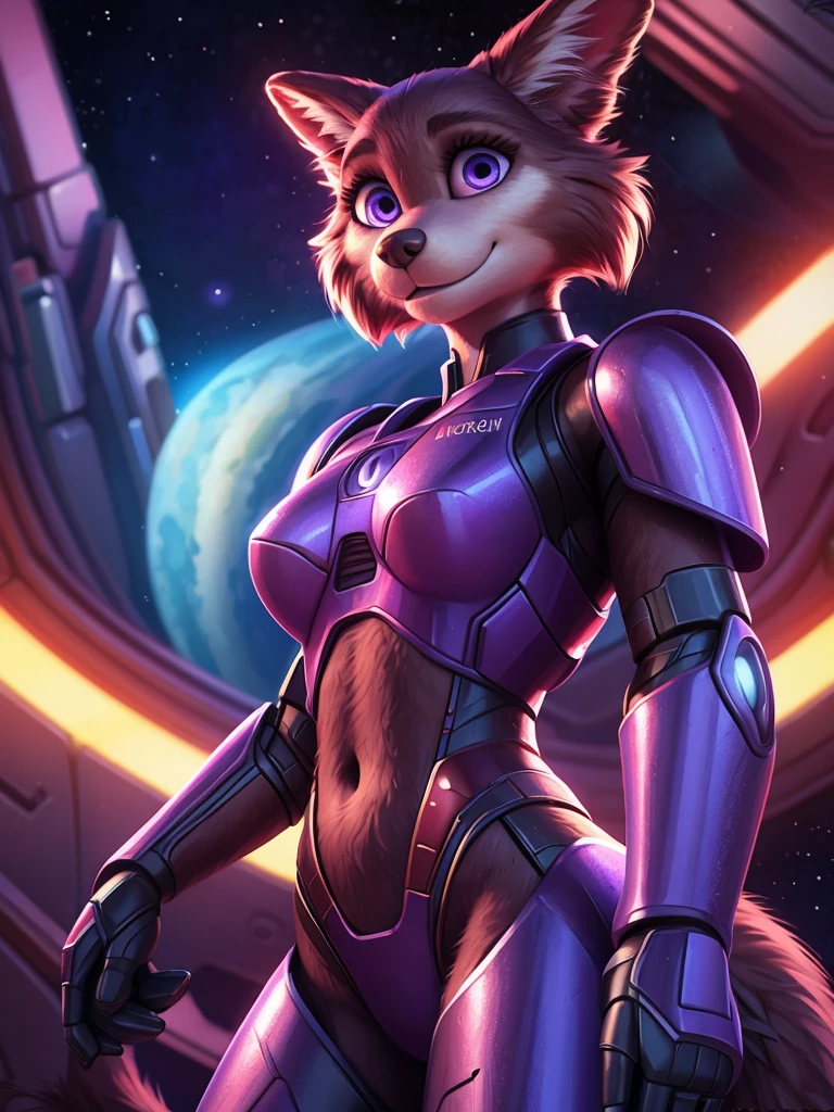 (by pixelsketcher:0.6), (by personalami :0.6), solo, furry anthro juno, female, detailed background, (cinematic lighting:1.1), (perfect focus:1.1), 8k hd, photo, (detailed eyes:1.2),depth of field, bokeh, subsurface scattering, perfect breasts, wide angle,(Space armor, red futuristic armor, neckline, navel), bright colors, (furry detail:1.3), depth of field, bokeh,alien planet, space vegetation, otherworldly background,brown fur,brown body,fur body,purple eyes,anthro wolf girl, detailed fur, fluffy fur, fluffy tail,(detailed pixar purple eyes:1.2),smile, seductive smile,