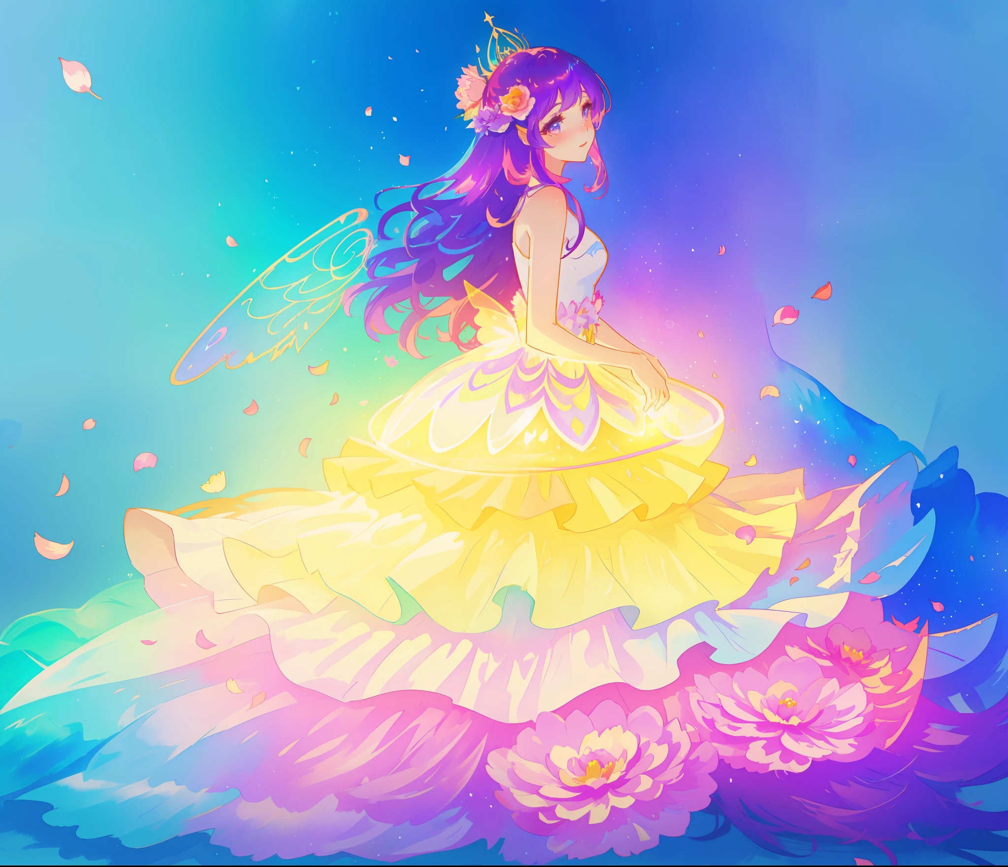 beautiful girl in tiered gradient ballgown dress, gradient colorful dress, ((layered flower petal skirt)), fairy dress, fairy queen, magical fantasia background, (glowing fairy wings), glowing flowing ballgown, long wavy hair, sparkling fairy wings, watercolor illustration, inspired by Glen Keane, inspired by Lois van Baarle, disney art style, jen bartel, beautiful digital illustration, beautiful, masterpiece, best quality, anime disney style
