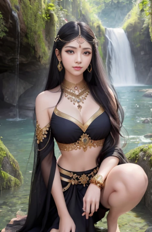((realistic:1.5)),((best quality)), ((Masterpiece)),((details)),2 girls,partner,{2 Beautiful Girls}, (upper body:1.3),Hug and touch each other., Teasing her friend's waist, friend gasping, Biting her friend's earlobe, squatting,Ultra-wide-angle lens,Face focus,Long legs,curve, Barefoot, Medium bust, open the divide,long black hair,floating hair,Long eyelashes, (details face,Beautiful eyes, details pupilss,details clothes features, Clear background:1.3), (Bindi,Jumgas:1.3),Mysterious ancient ruins, Lush forest, canyon,bridge,river,cliff,Cloud,lagoon,rock,waterfall, flower, grass,vine,tree,detailsที่สดใส,sharp,Perfect composistion, complicated, โฟกัสsharpชัด, Amazing,